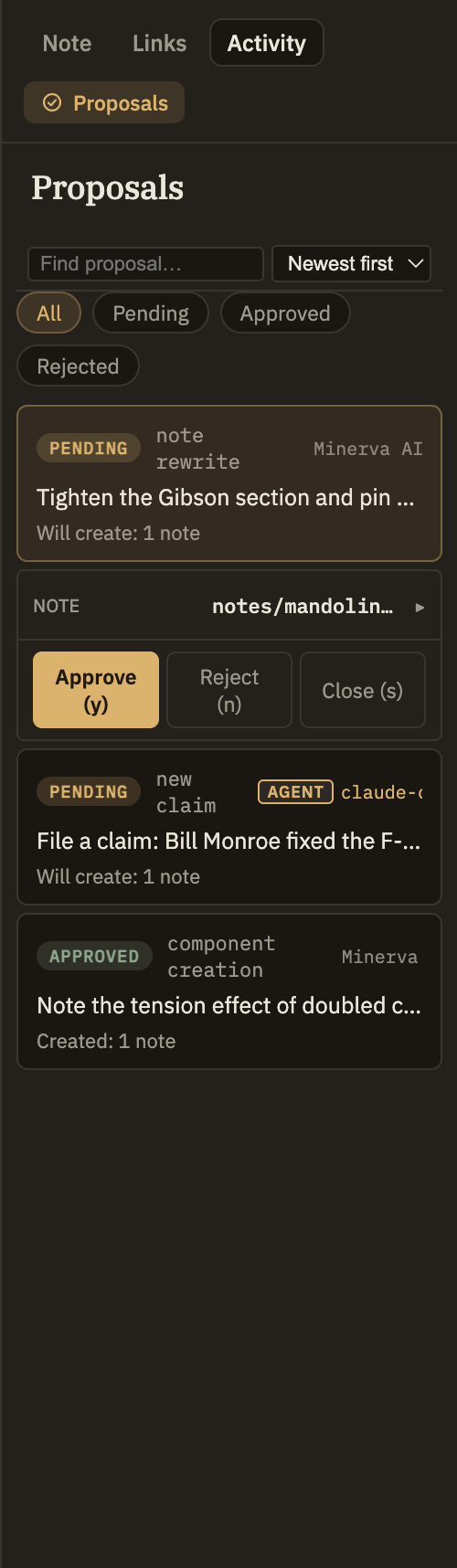 A pending proposal open in the Proposals panel, showing what kind of change it is and the exact content that would land, so you can read it in full before you approve or reject.