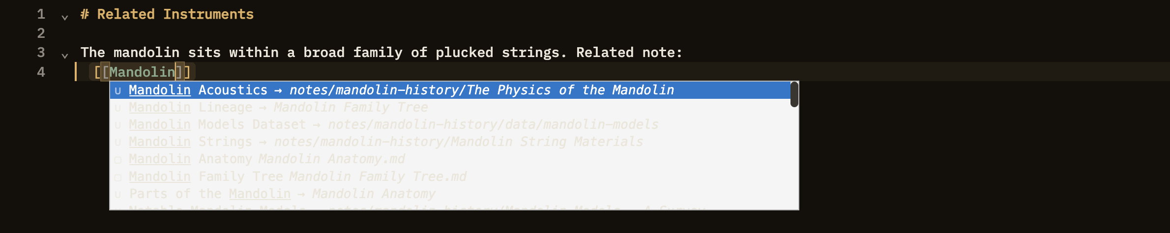 Partway through typing a link, a list appears just below the cursor showing the notes that match — such as "Meeting Notes" and "Meeting Prep" — with one highlighted, ready to pick.