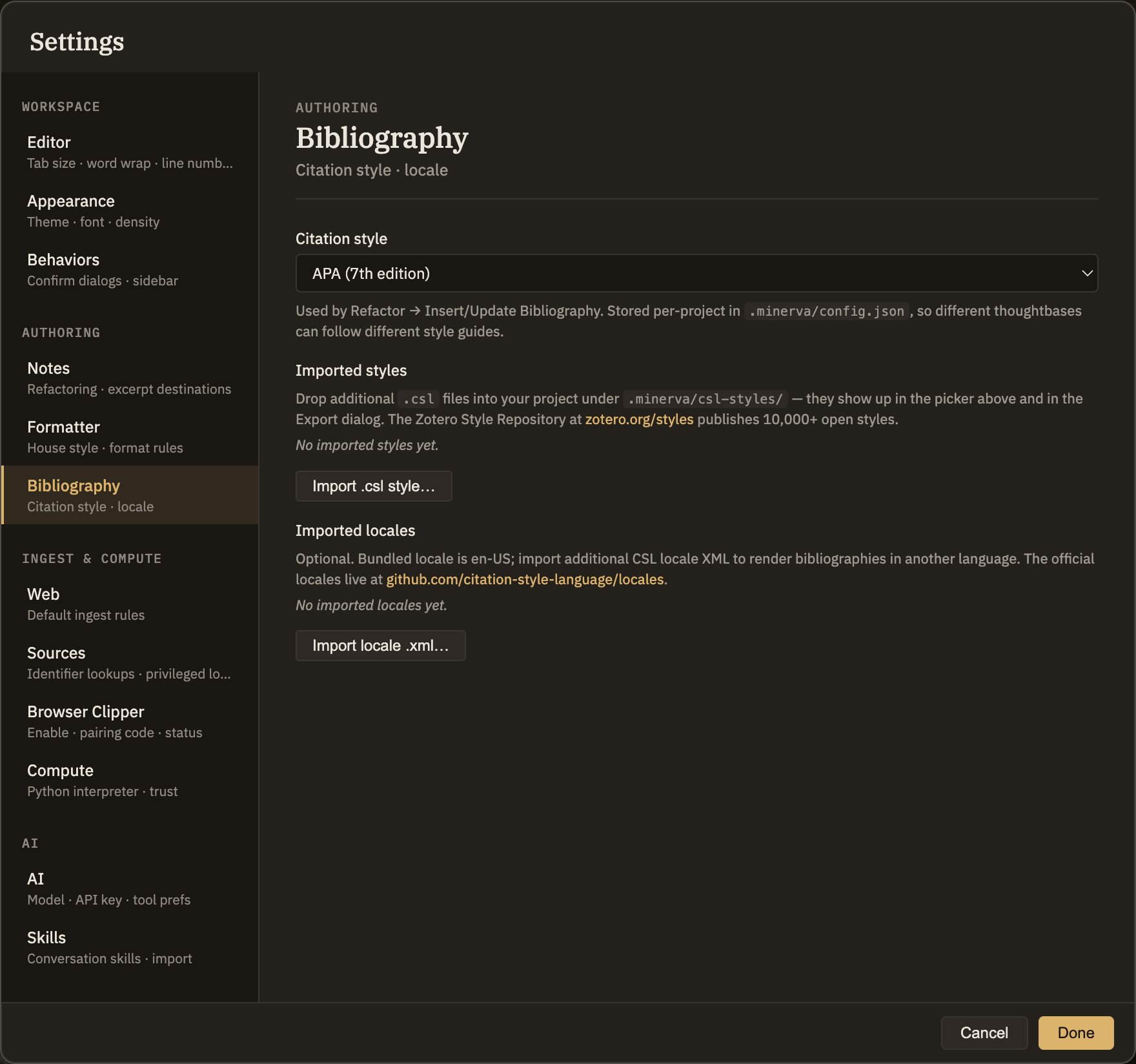 The bibliography settings, showing the citation style set to APA, the styles you've added, and the button to import another one.