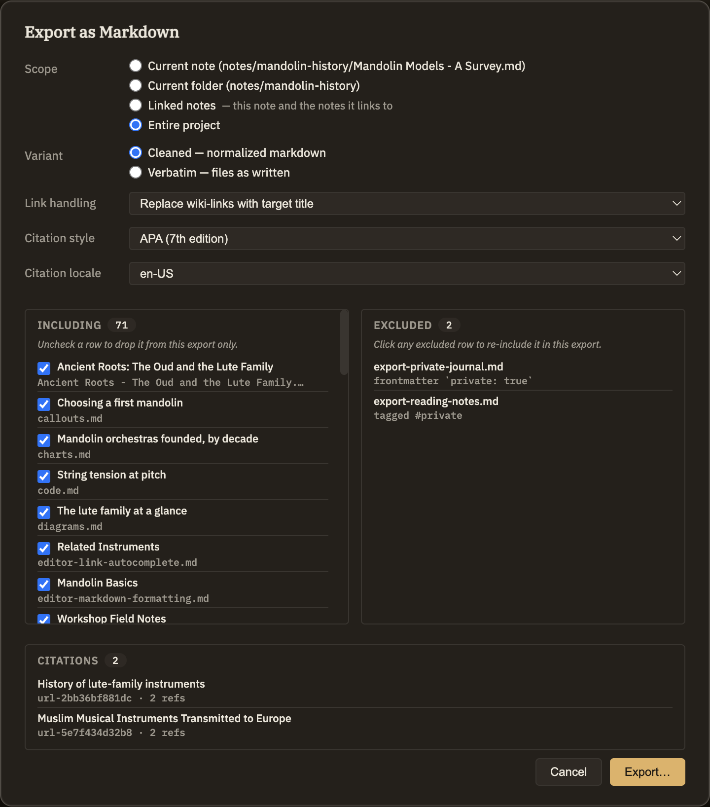 A side-by-side view: on one side the notes that will be included, each with a checkbox; on the other, the notes being left out, each with a short reason like "in a private folder" or "tagged private," ready to be added back with a click.