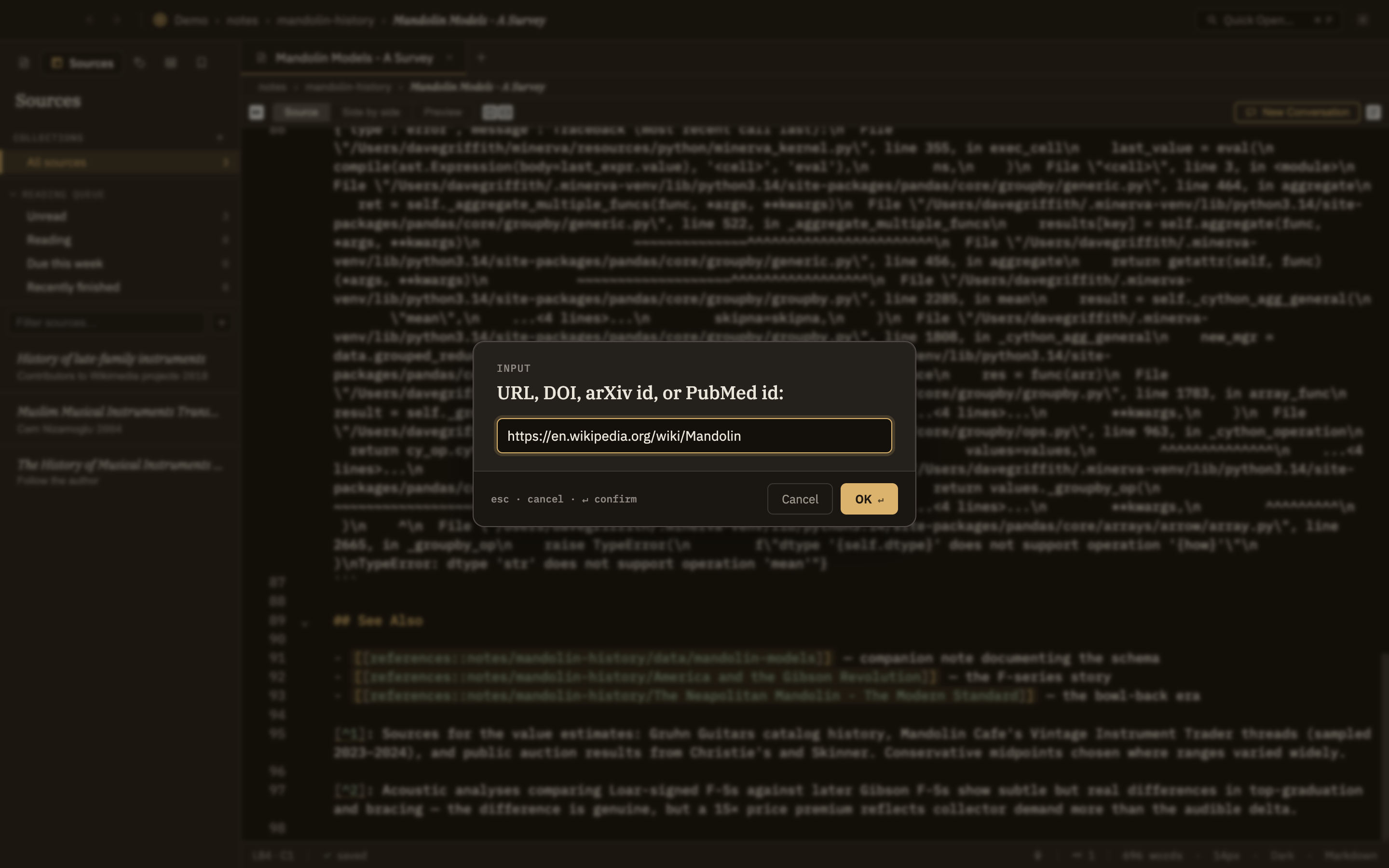The Sources panel with the + button highlighted and the box where you paste a web address or paper identifier.