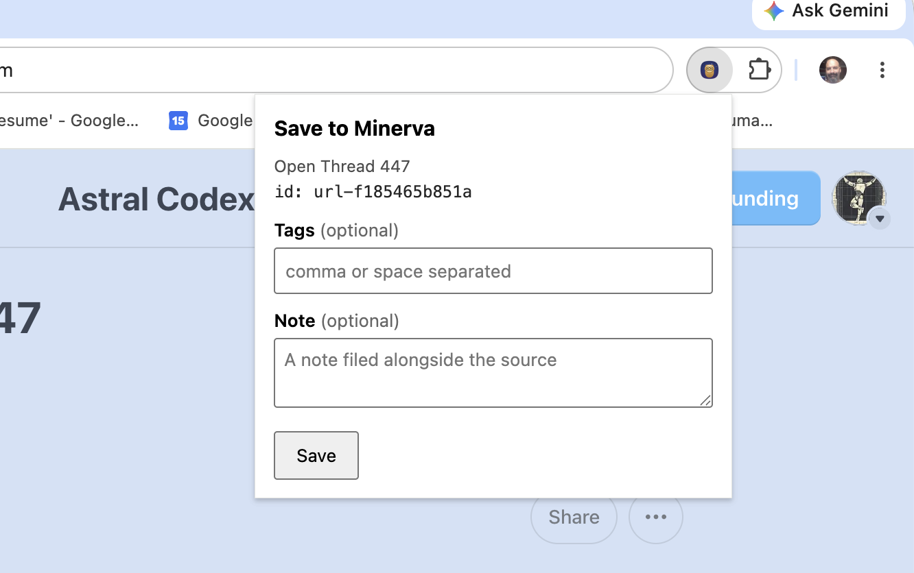 The clipper's window open over a web page, showing the page title, a place for tags, a place for a note, and a Save button.