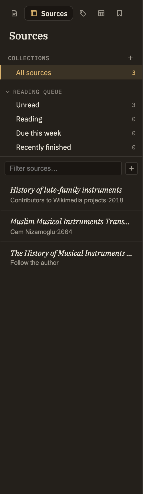 The Sources panel showing collections, the reading queue, and a filtered list of sources (each with a title, status dot, and author-and-year byline), next to an open source showing its title, byline, tags, its details, an abstract, and its full text.