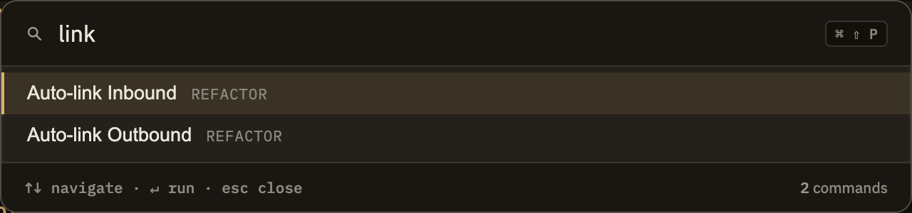 The palette open over a note with "link" typed in, and a ranked list of matching commands below — each row showing the command name, a small label for its category, and its keyboard shortcut on the right where it has one. The top result is highlighted.