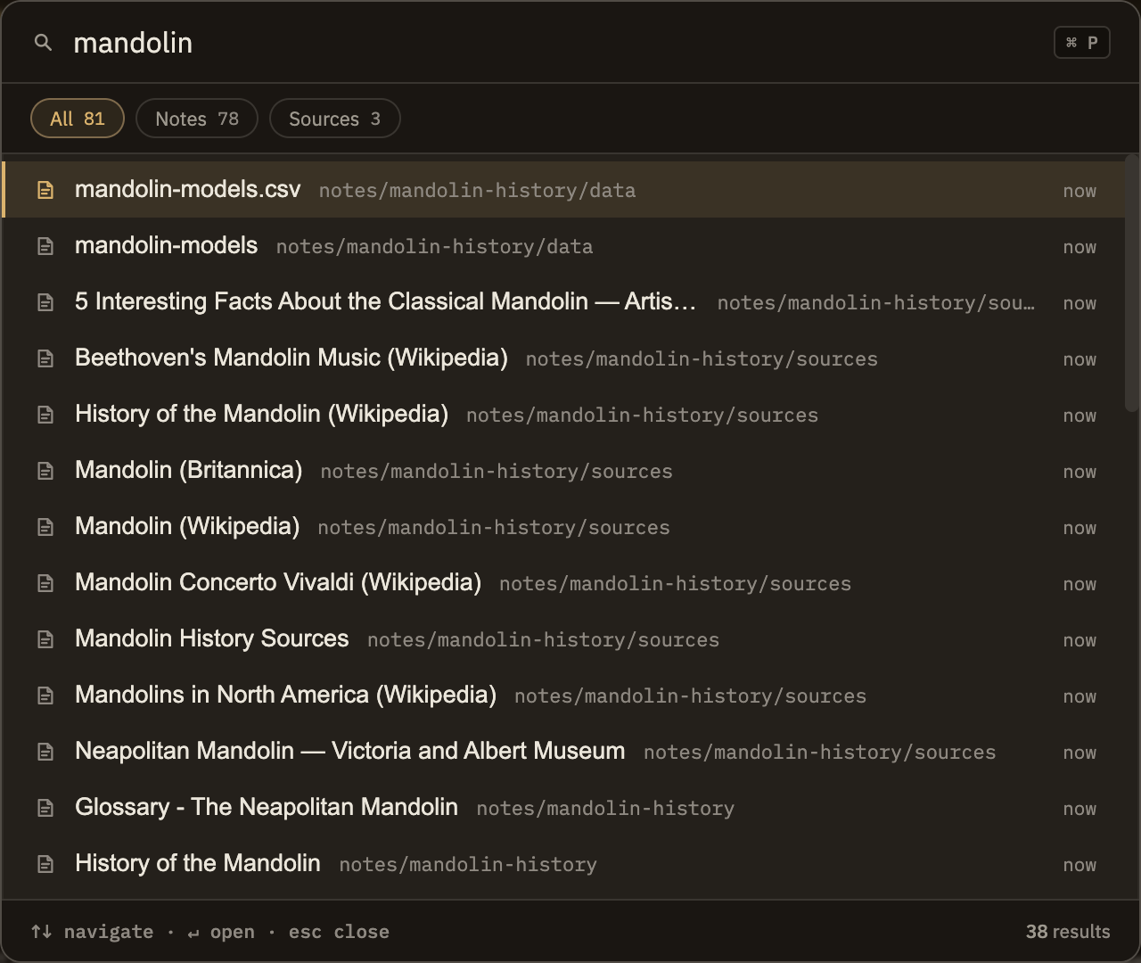 The picker open with the All filter active, showing a mixed list: a note with its folder location, a source with its author, and a saved query with its description, each marked with a small icon for its kind.