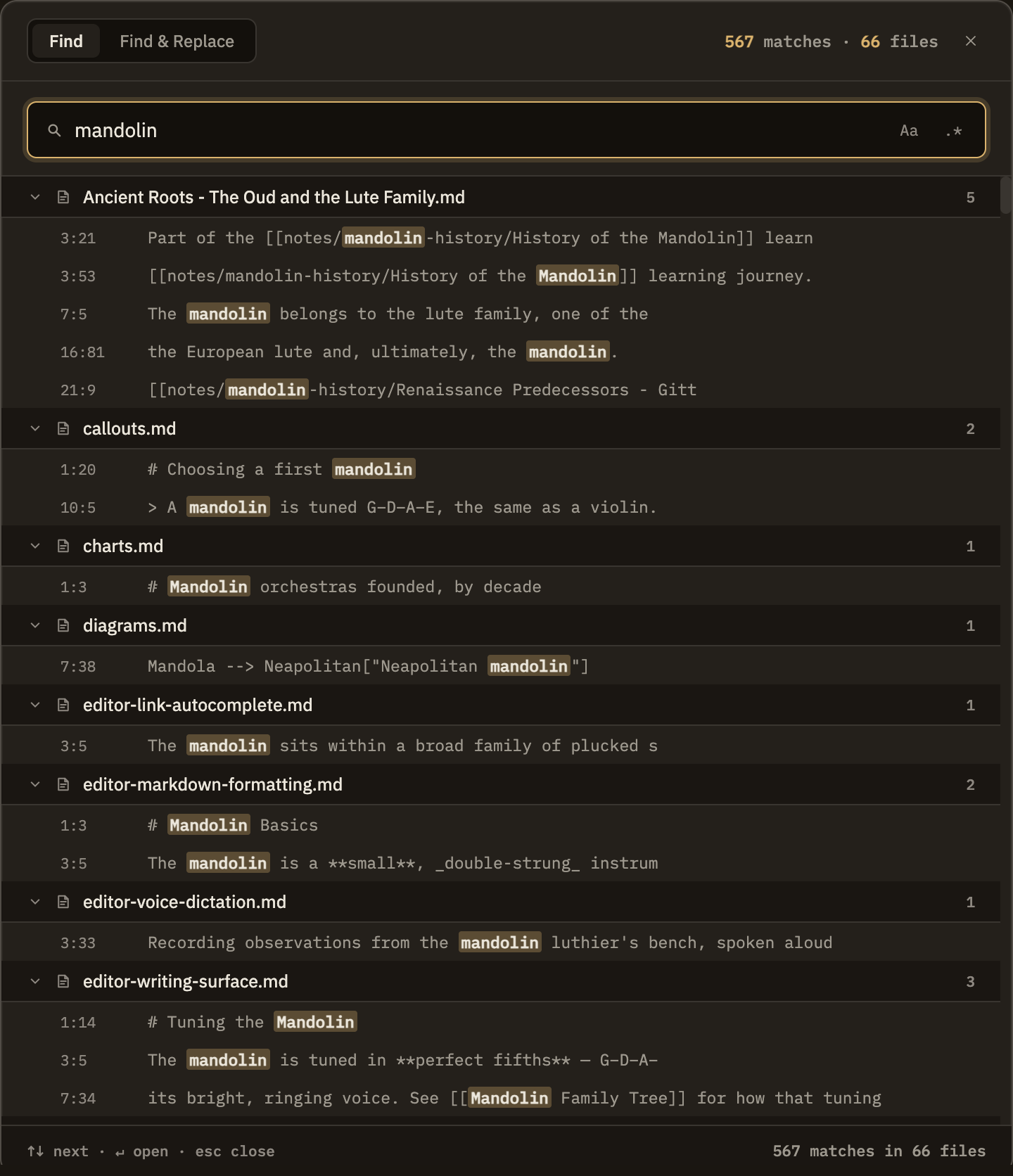 The search window with a word typed into the search field and results below, grouped by note. Each result shows a snippet of the line with the matching text highlighted.