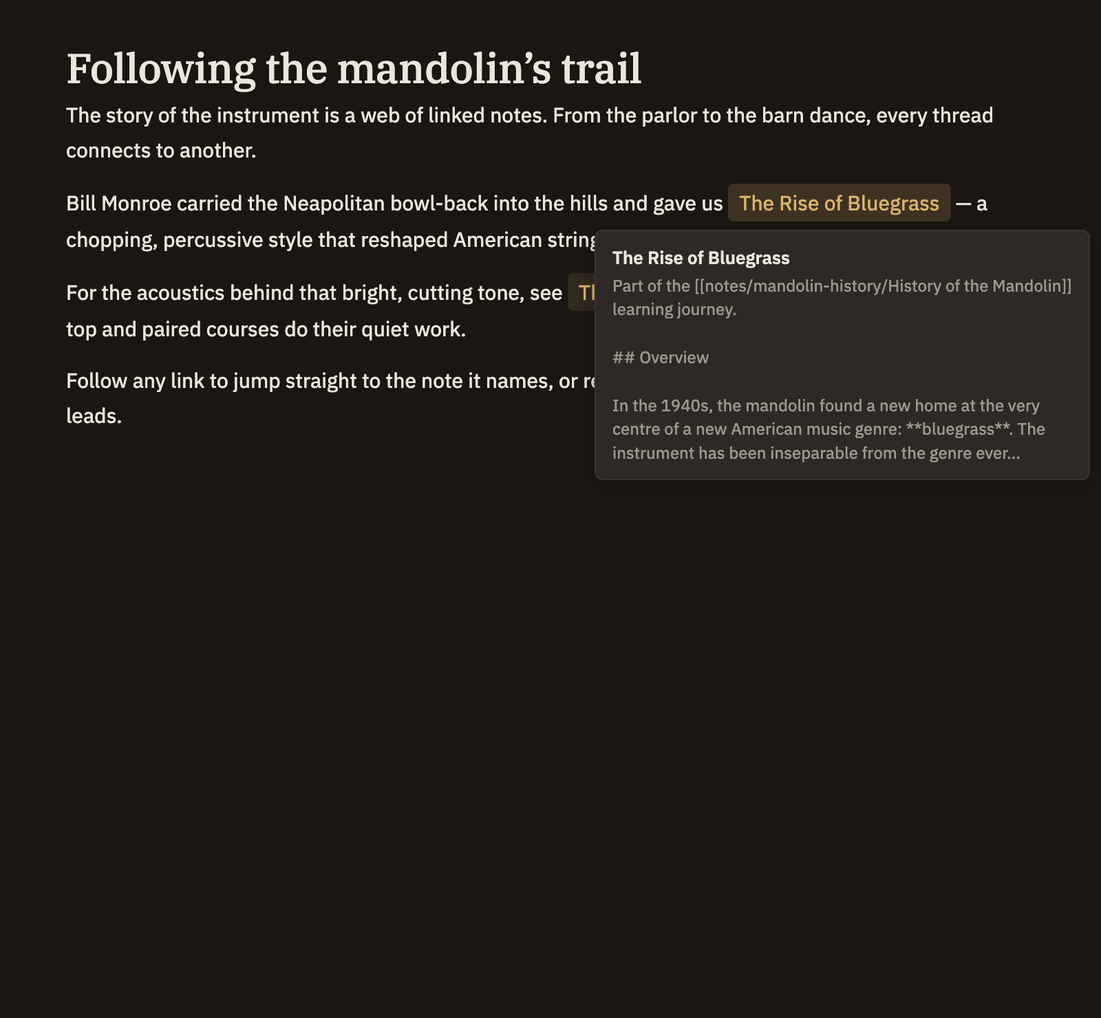 A note with the pointer resting on a link, showing a small popover beneath it with the linked note's title and a couple of lines of its opening text.