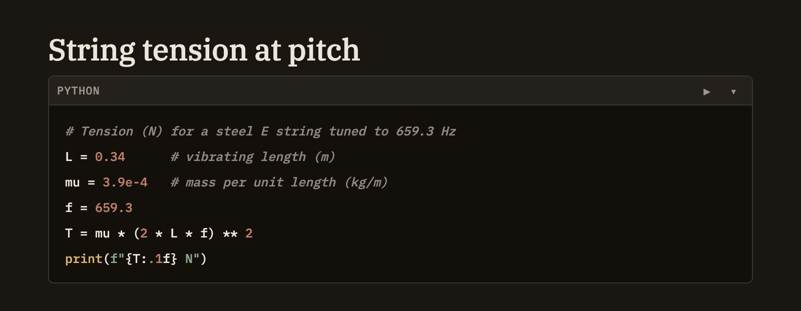 A note showing a Python cell with its ▶ button, and just beneath it the result it produced — a small table of data.