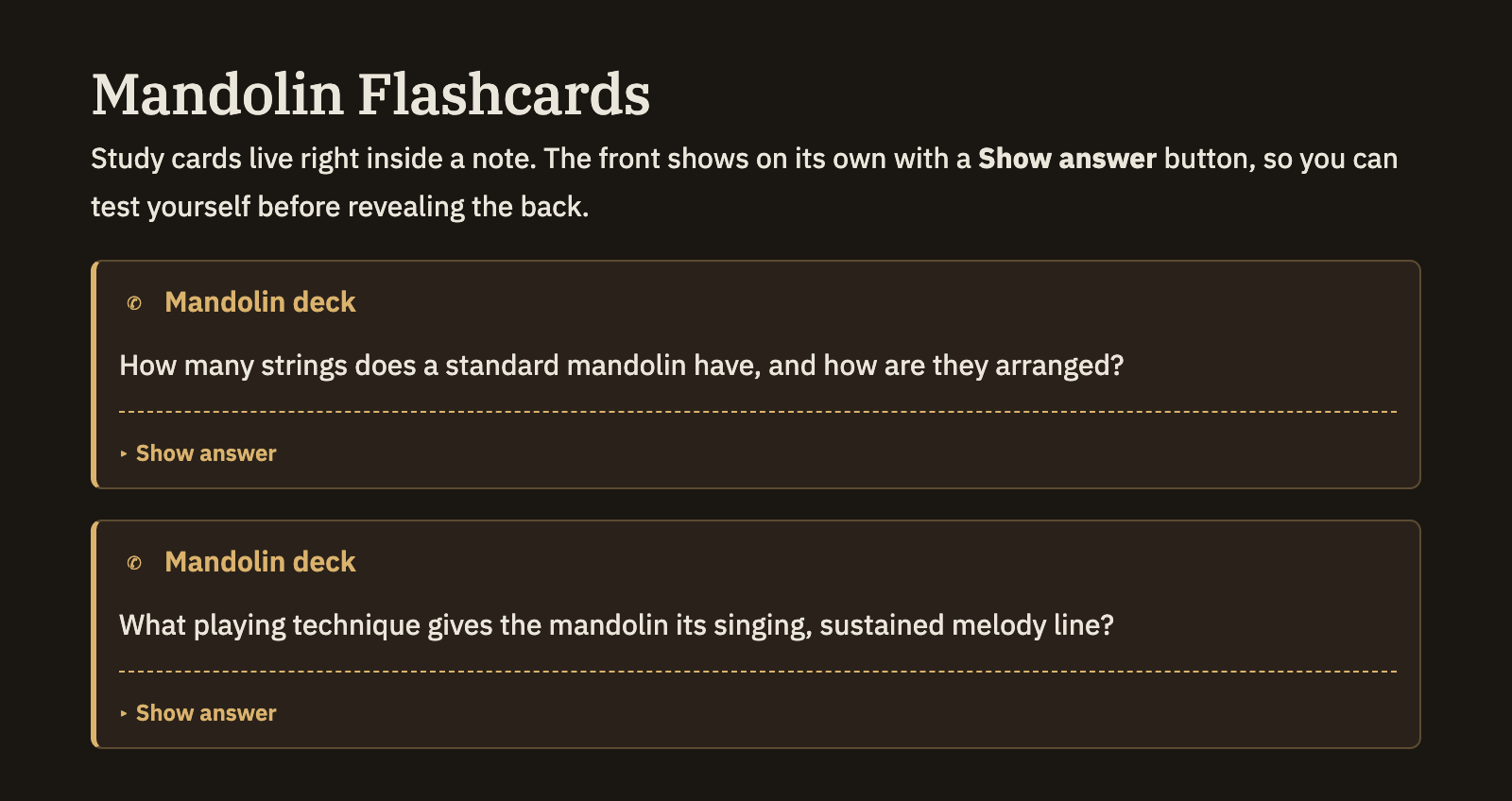 A note with a flashcard box titled "Biology deck": the front shows the question "What organelle produces most of a cell's energy?" above a "Show answer" button, with the answer hidden until you click.