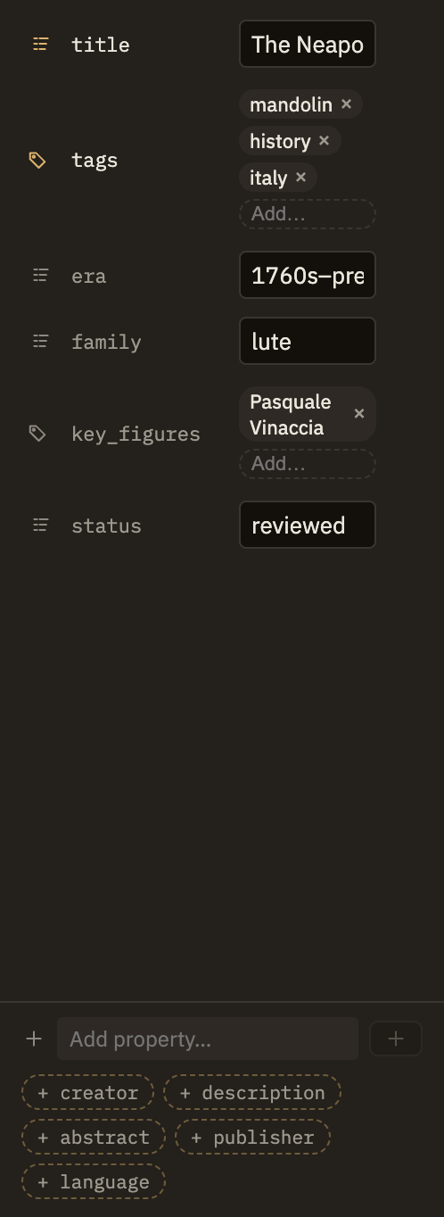 The Properties panel in the right sidebar, open on a note. It shows a title, a row of tags as removable chips, a created date with a date picker, a linked "about" note as a clickable chip, and a custom "status" field — with an "Add property" row at the bottom for adding more.