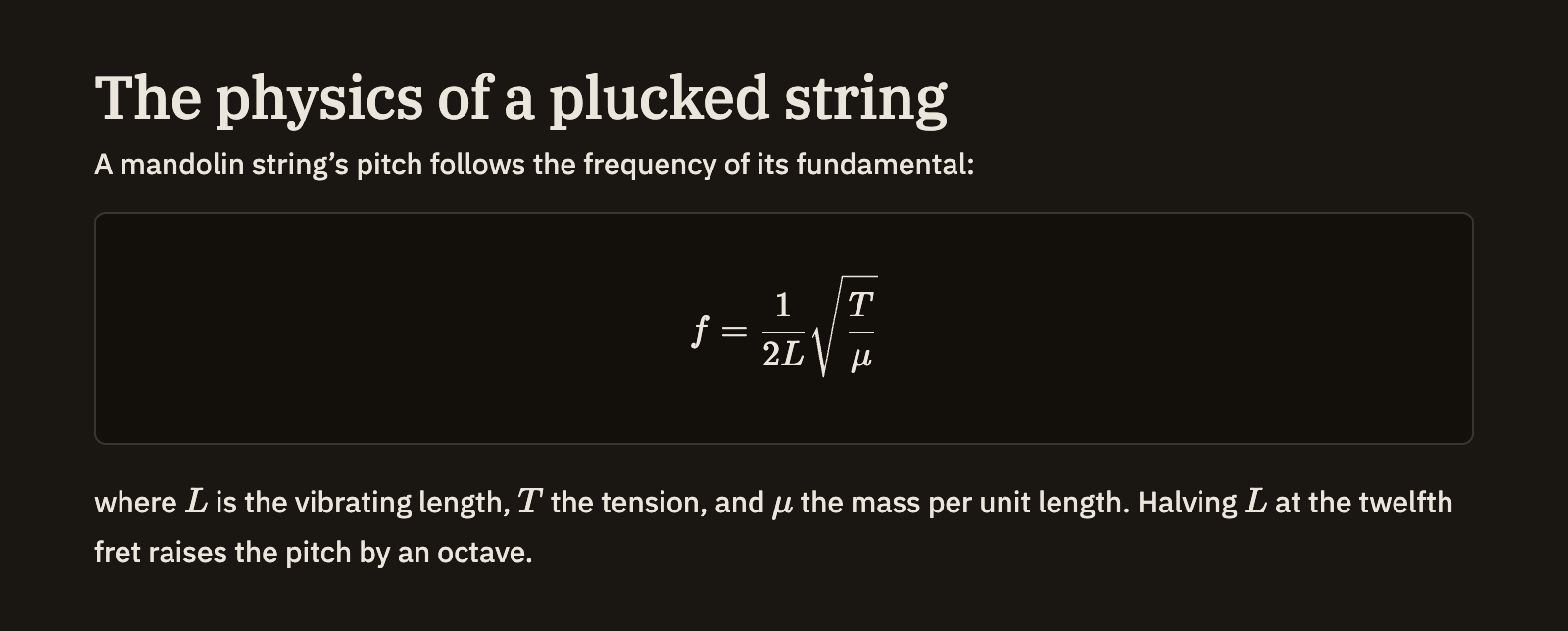 A sentence with an inline equation set naturally in the running text, followed by a centered display equation standing on its own below the paragraph.