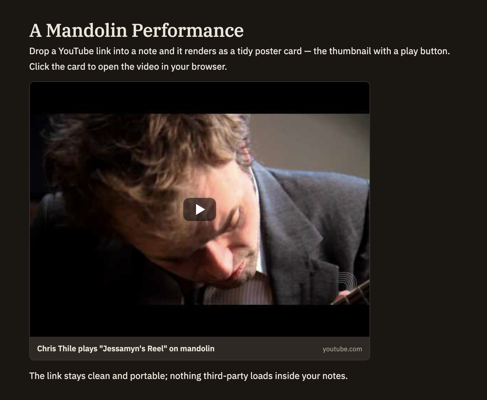 A note showing a video as a poster card: the thumbnail with a centered play button, a caption below it, and a line noting the link goes to YouTube.
