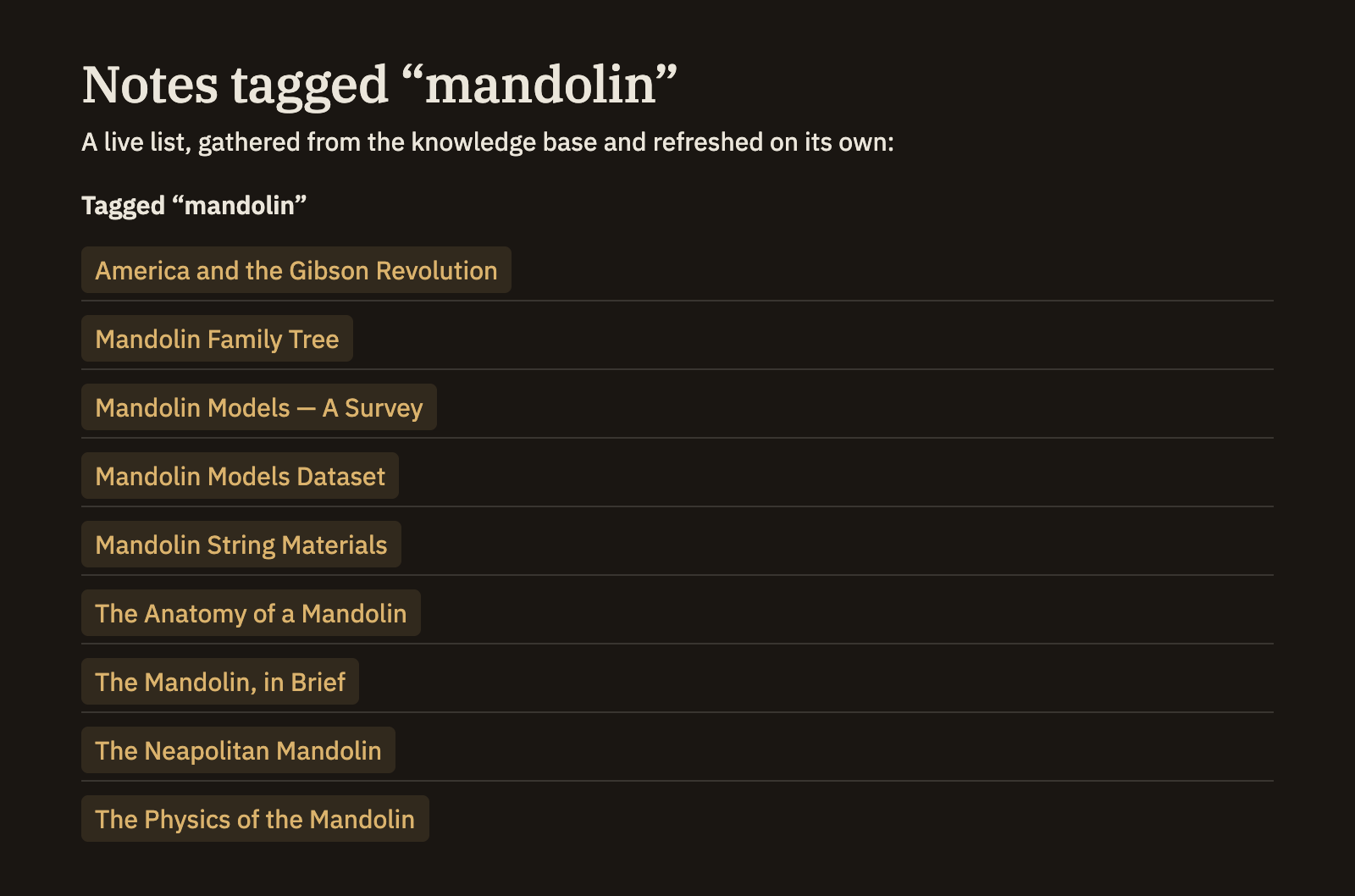 A note with a query cell titled "Open questions": below it, a tidy list of note links that Minerva gathered from the knowledge base, each one clickable.