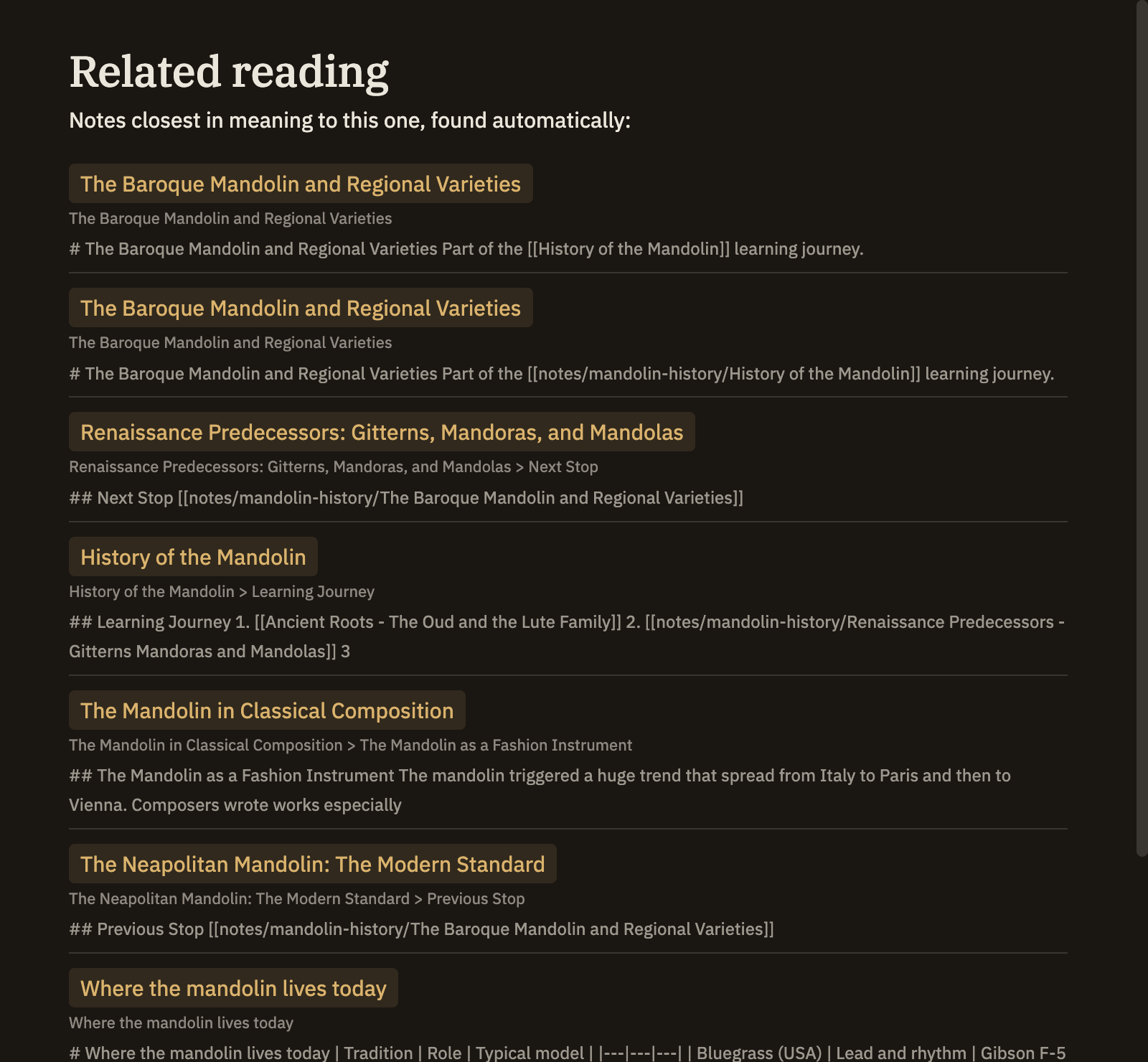 A note with a search cell titled "See also": below it, a short list of related notes, each showing its title as a link above a muted one-line snippet of the matching text.