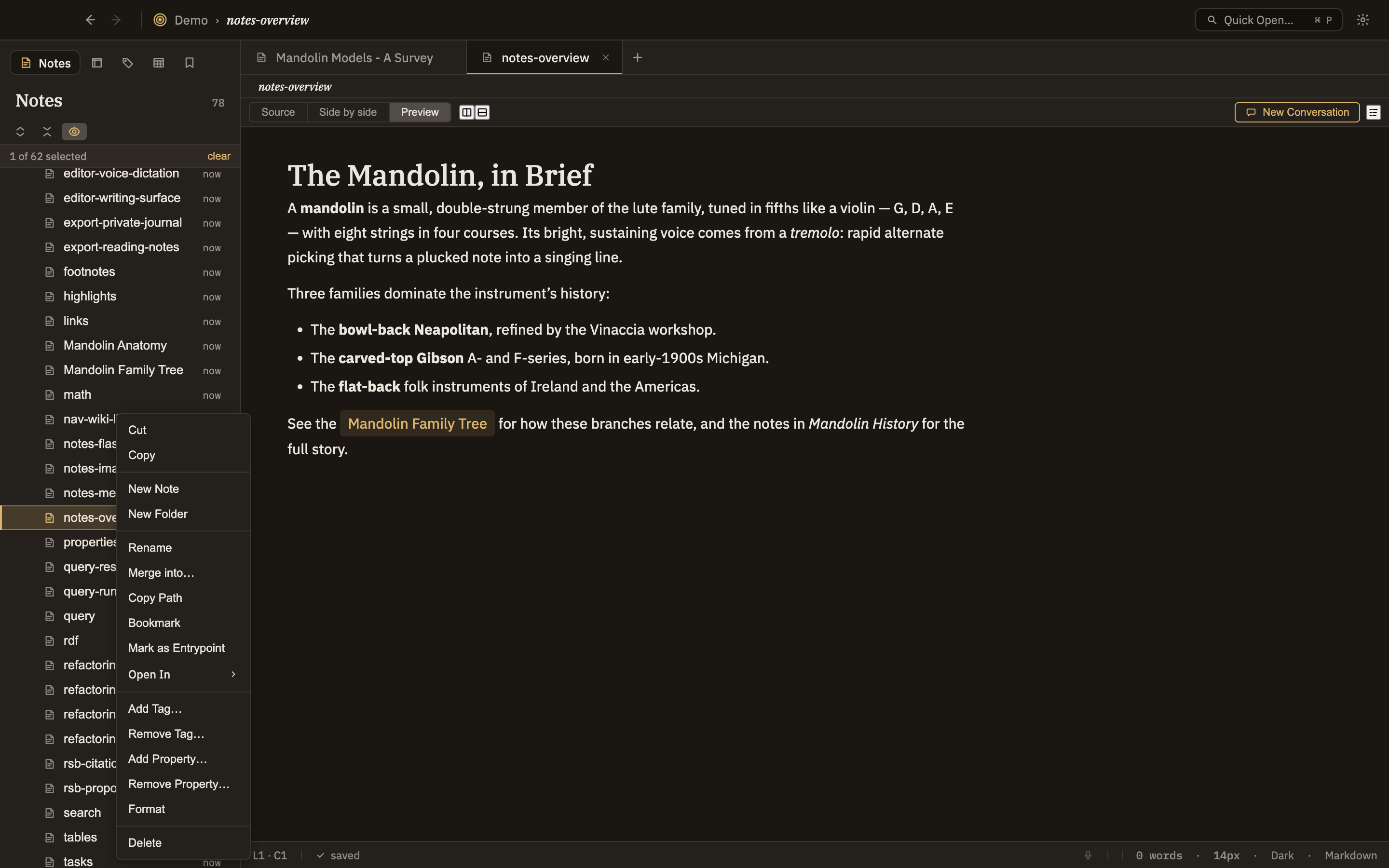 The left sidebar with a right-click menu open on a note showing Rename, Move, and Delete, next to the New Note dialog asking for a name and template.