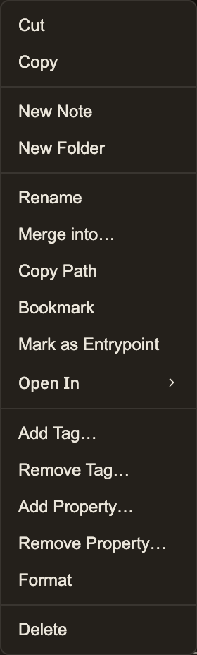 Right-clicking a note in the Notes list opens its menu, with Rename, Delete, cut, copy, paste, and the rest of the per-note actions.