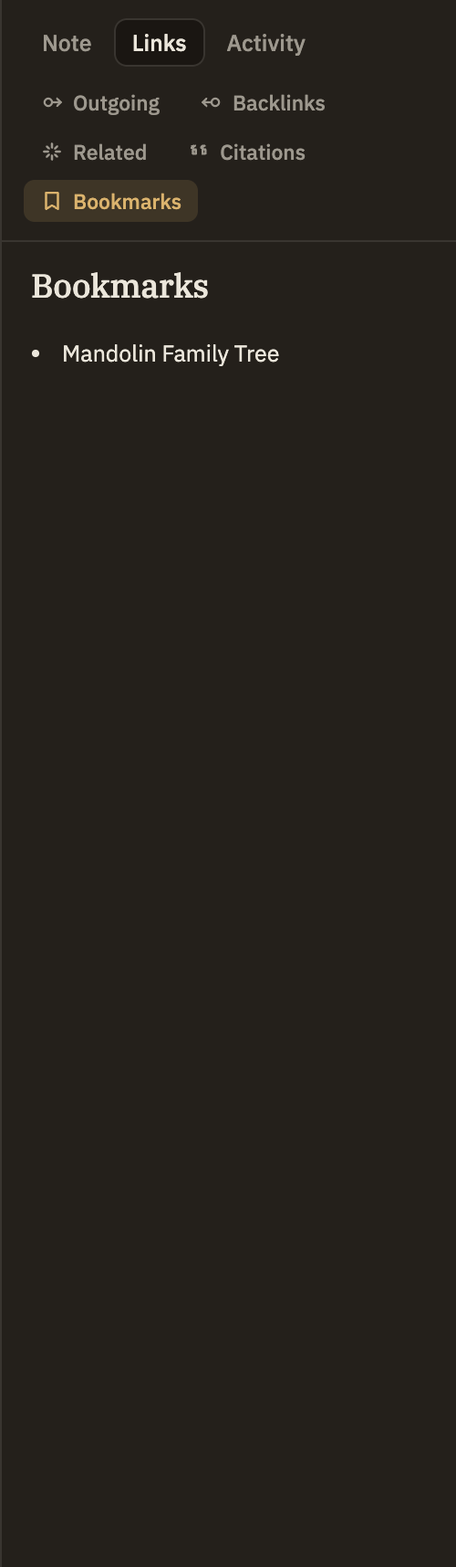 A short list of the bookmarks on the current note — one for the whole note, one for a section, one for a spot in the text — each with a name and a small delete button that appears when you hover.