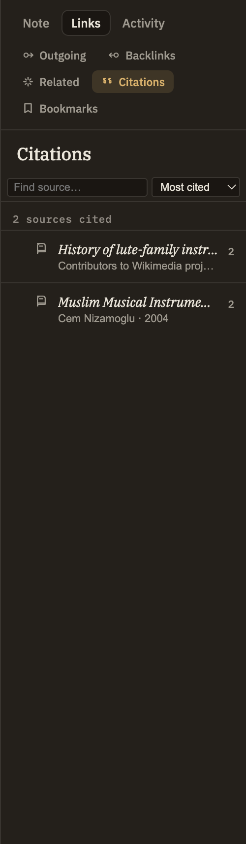 The Citations panel listing several sources by title, each with its author and year and a count of cites and quotes; one row is opened to show two quoted passages beneath it, each with a page number.
