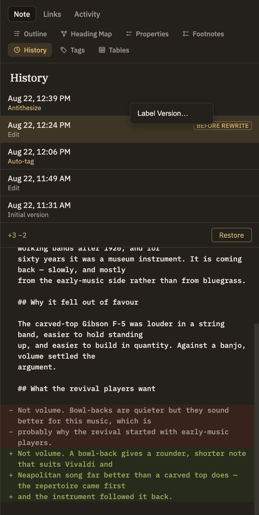 Right-clicking a version in the History panel opens a small menu offering 'Label Version…'.