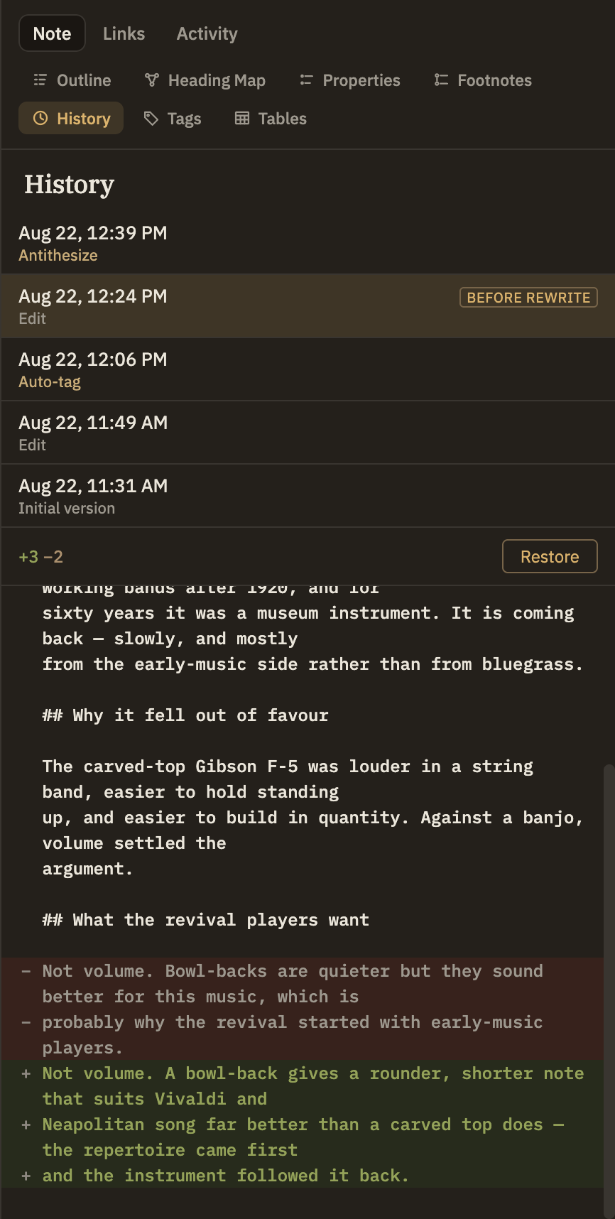 The History panel showing five versions of a note — an AI rewrite, a version named 'before rewrite', an Auto-tag change, an edit, and the initial version — with the selected version's differences shown below as added and removed lines.