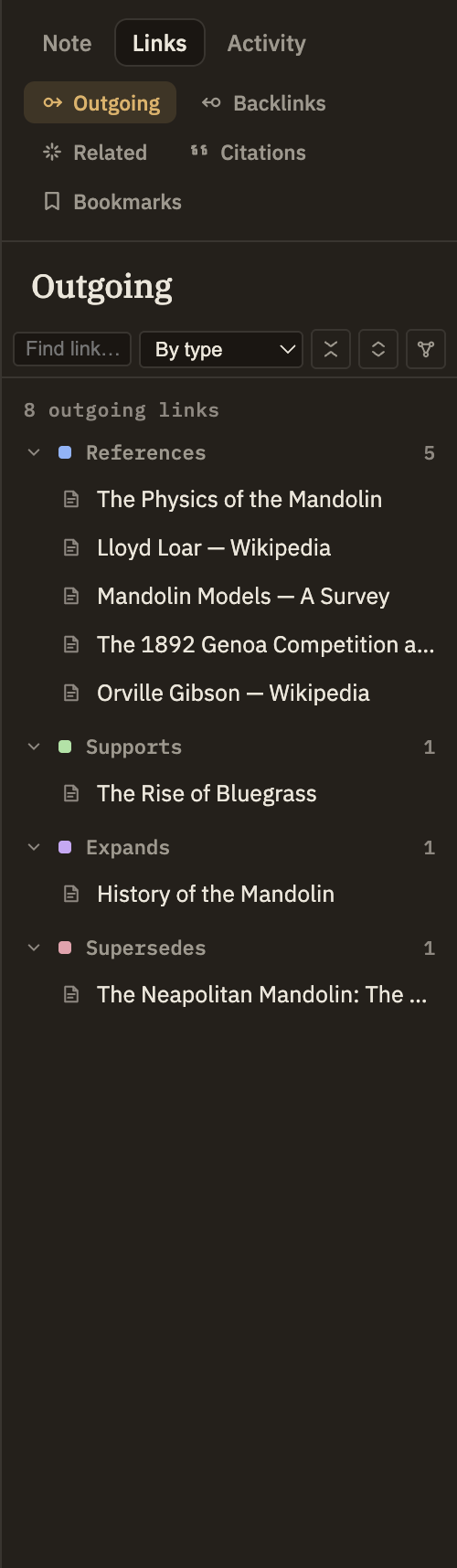 The Outgoing links tab for a note with several links, showing collapsible groups by type with counts, one row flagged as a broken link, and the toolbar's filter field, sort control, and graph button.
