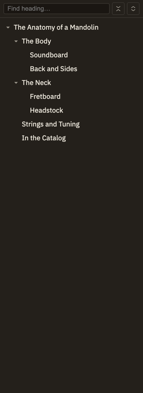 The Outline panel open beside a long note. Top-level sections are listed in order, one expanded to reveal its subheadings indented beneath it and another folded to a single row. A search field and collapse/expand buttons sit above the tree.