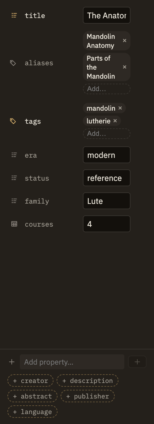The right sidebar showing a note's properties as a list of rows: a title, tags as chips, a date shown with a date picker, and one custom property in a quieter color. The cursor sits in a freshly added, empty value box, with the "Add property…" row and its quick-add suggestion chips below.