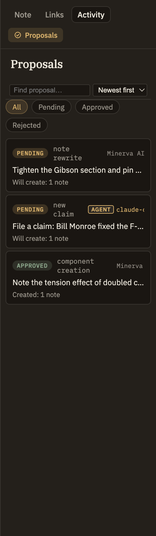 The Proposals panel with the Pending tab selected and one card expanded, showing what kind of change it is, who proposed it, a preview of exactly what would be added, and the Approve, Reject, and Close buttons.