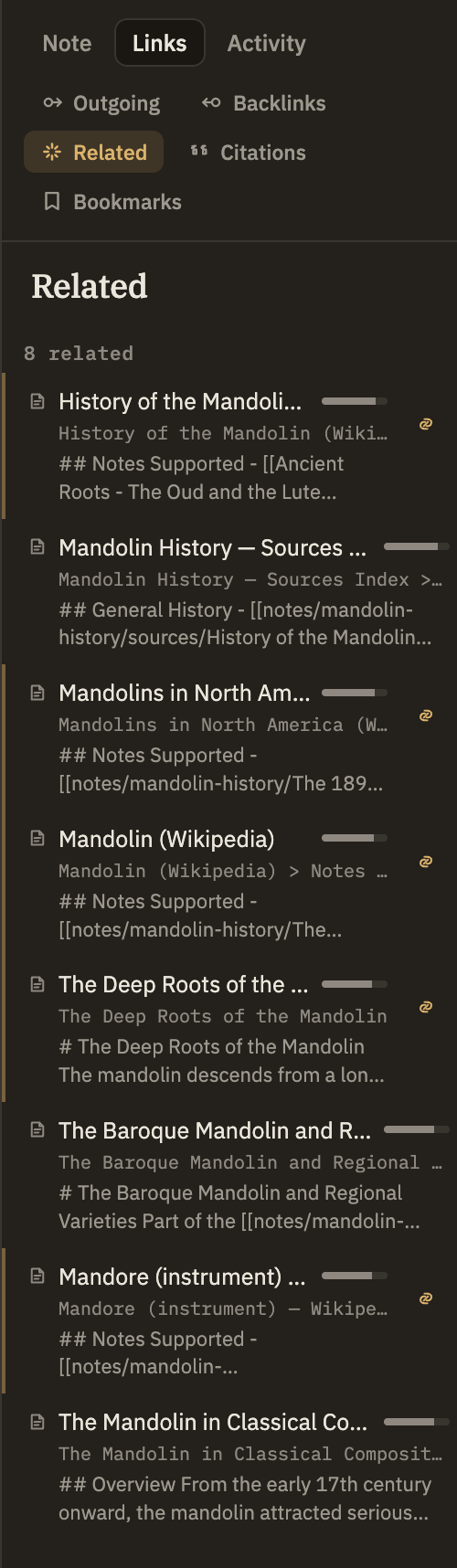 The Related panel listing several results — a mix of notes and sources, each with a closeness bar, the heading that matched, and a short snippet — with the top row showing the accent and link and dismiss buttons that mark a strong, not-yet-linked suggestion.