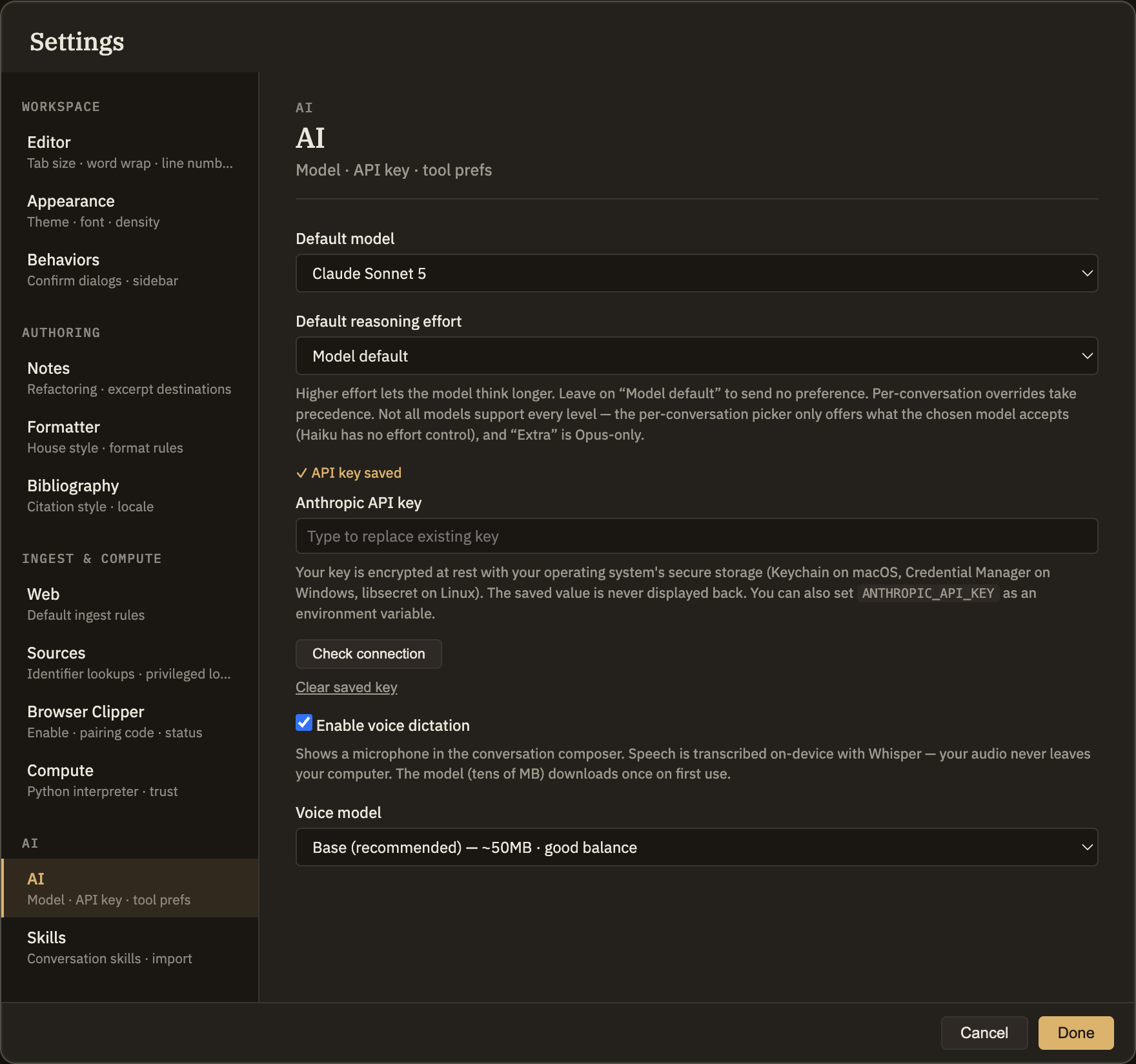The AI settings panel: a default model dropdown and a reasoning effort dropdown, then the API key section showing whether a key is saved, and at the bottom the voice dictation toggle with its model choice.