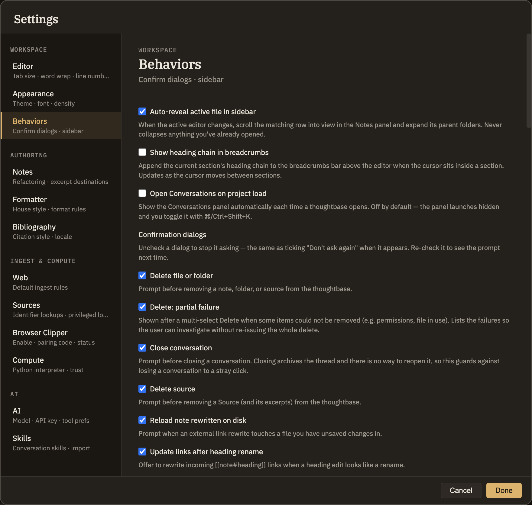 The Behaviors settings scrolled to the confirmations section: the two toggles at the top, then a checklist of prompts — each with a title, a checkbox, and a one-line description, such as Delete file or folder or Close conversation — all switched on or off on their own.