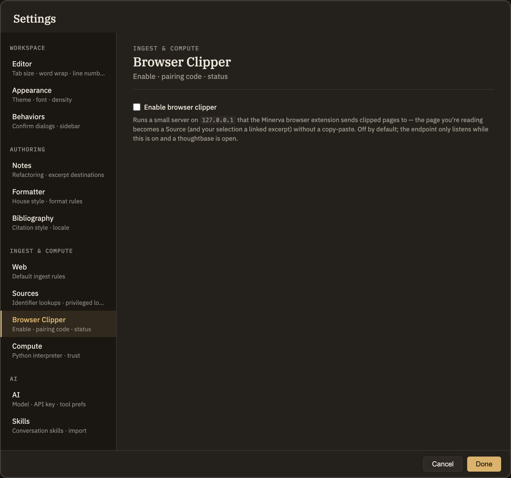 The Clipper tab with the clipper switched on: the pairing code is revealed, with buttons to hide it again or copy it, and a Regenerate code button below for starting fresh.