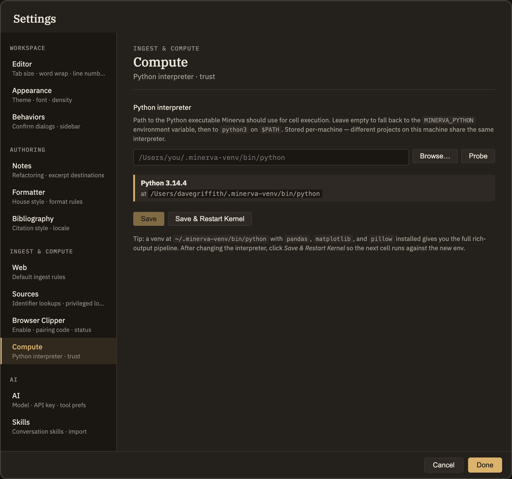 The Compute panel: a field naming which Python to use with Browse and Check beside it, a line beneath confirming the version that was found, and the Save, Save & restart, and Clear buttons below.