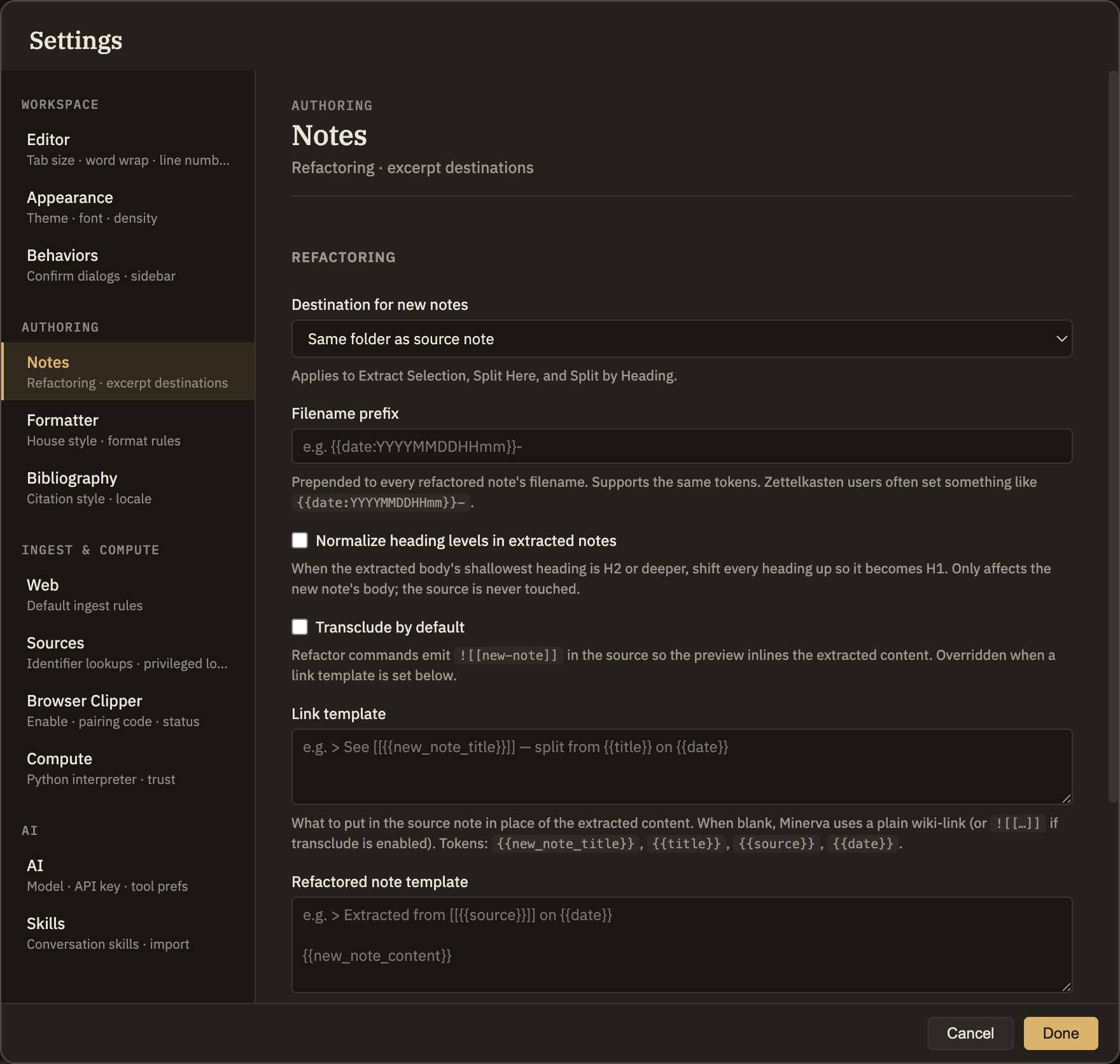 The settings for splitting notes: where new notes go, the filename start, the tidy-headings and embed options, and the two template boxes for the link left behind and the new note's wrapper.