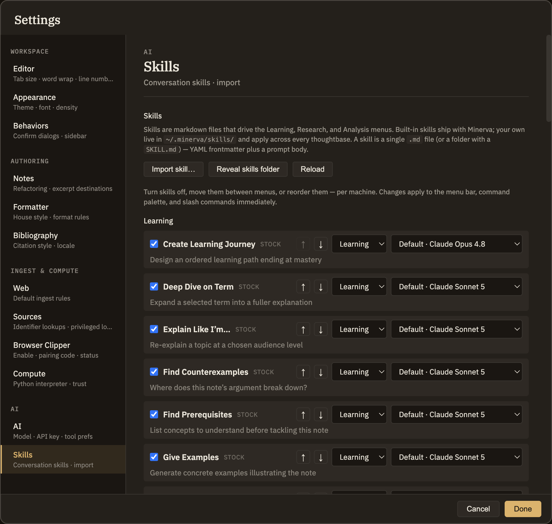 The Skills tab: the Add skill / Open skills folder / Reload buttons across the top, and below them the list of skills, each with a switch to turn it on, a menu it belongs to, and a picker to choose its AI model.