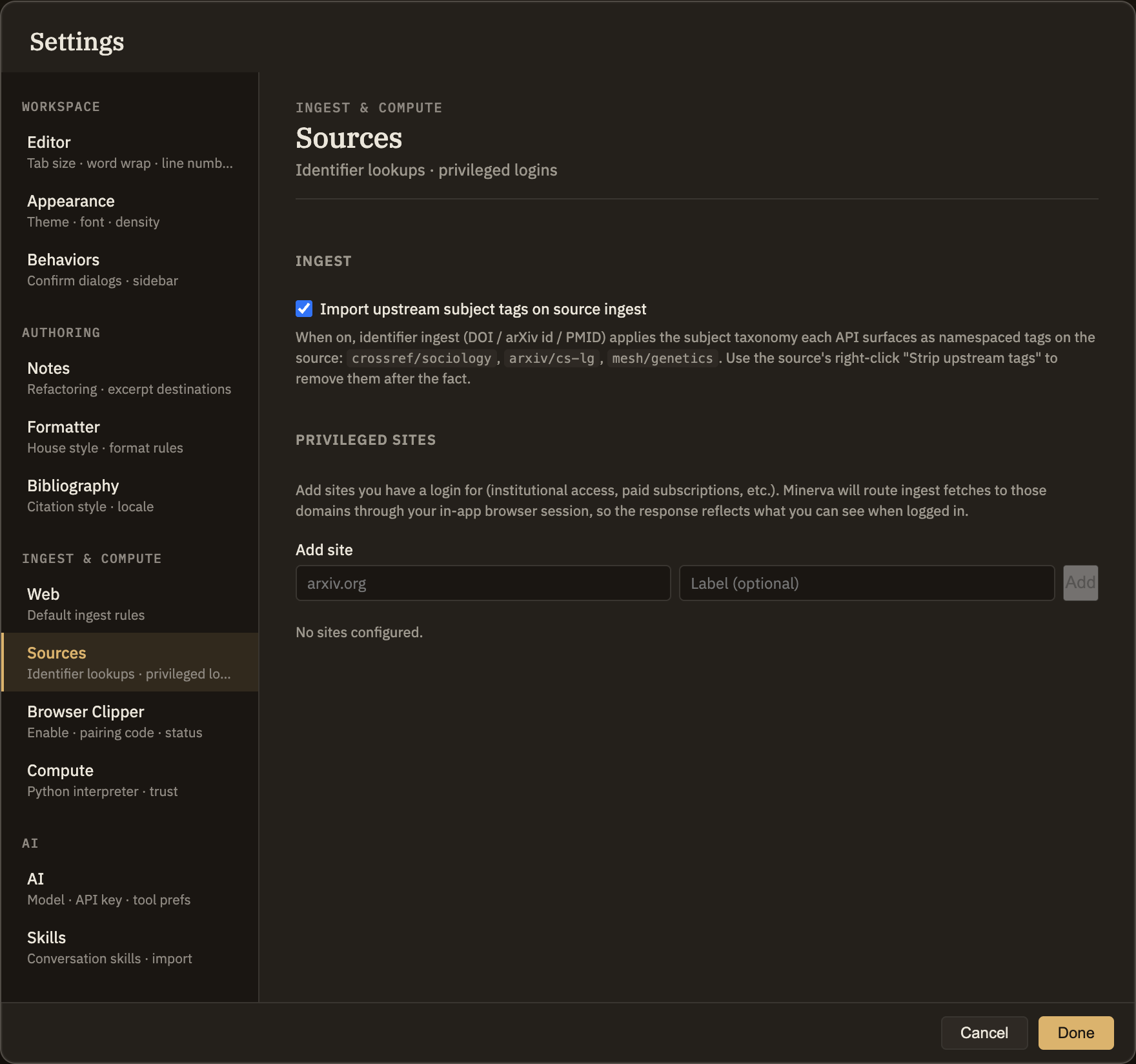The subject-tags option with its on/off switch at the top, and below it the list of sites you're logged in to — each showing its name, address, when you last signed in, and buttons to log in, log out, or remove it, with a form to add a new site.
