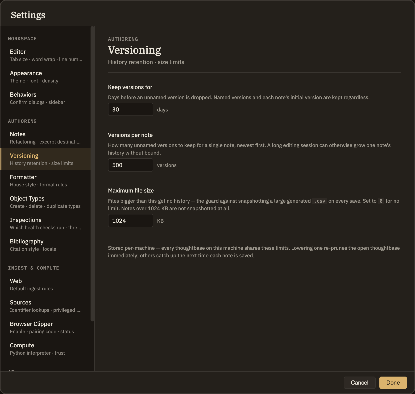The Versioning panel in Settings, showing the three limits: keep versions for 30 days, 500 versions per note, and a 1024 KB maximum file size.