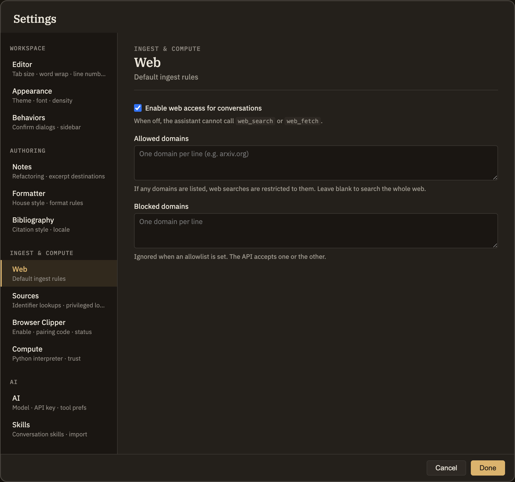 A switch to turn web access on or off for conversations, followed by two boxes: one for sites the assistant may draw from, and one for sites to keep out.