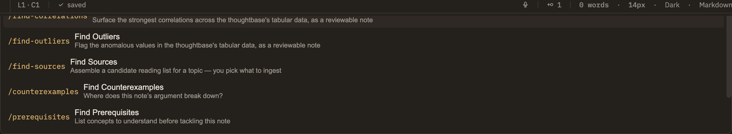 The Analysis menu open, listing skills such as Steelman, Find Tensions, Murphyjitsu, Doublecrux, and Antithesize, each with a short description beneath its name.