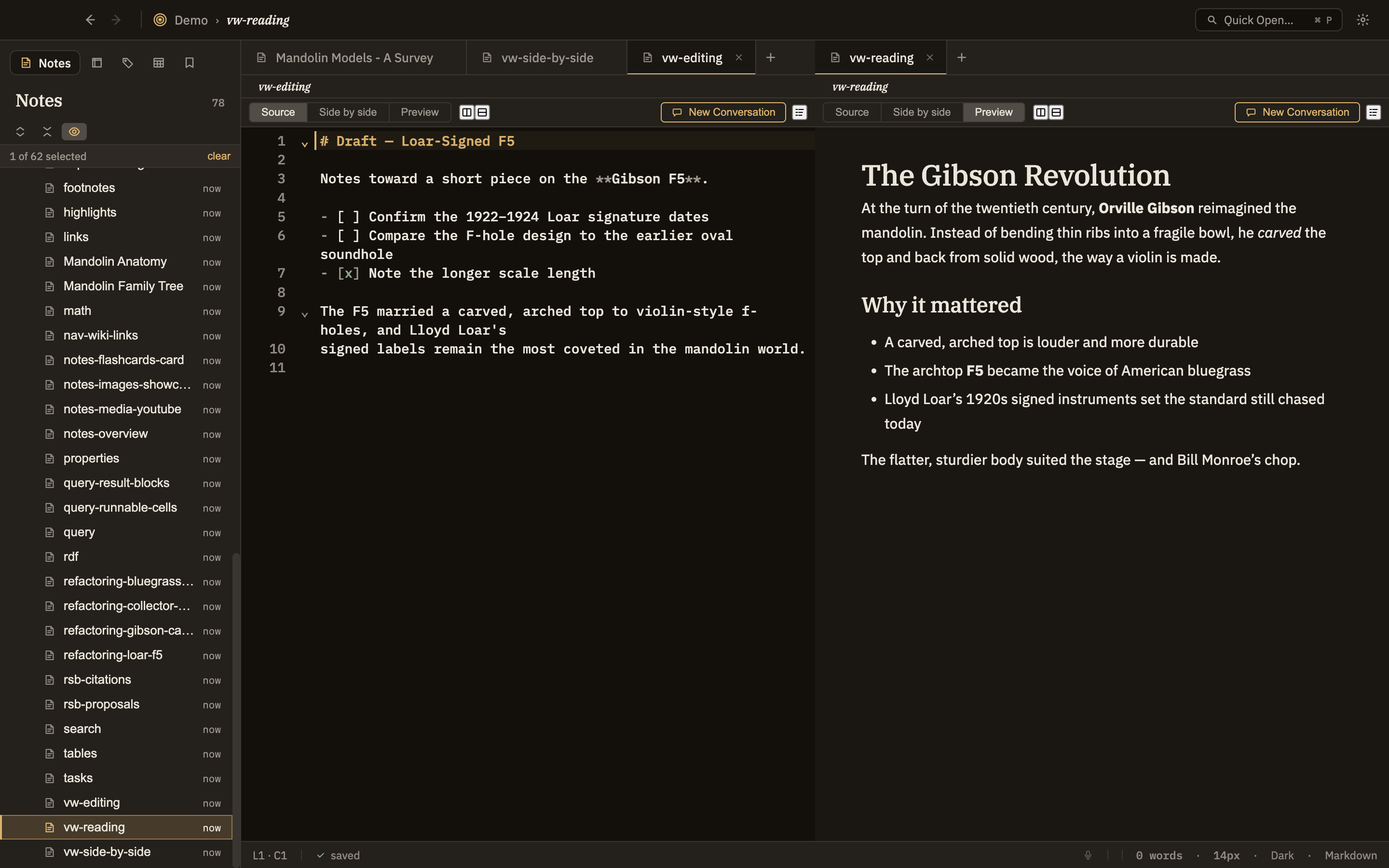 The window is split into two side-by-side panes. The left pane shows a note you're editing; the right pane shows a different note fully rendered for reading. Each pane has its own tabs and toolbar.