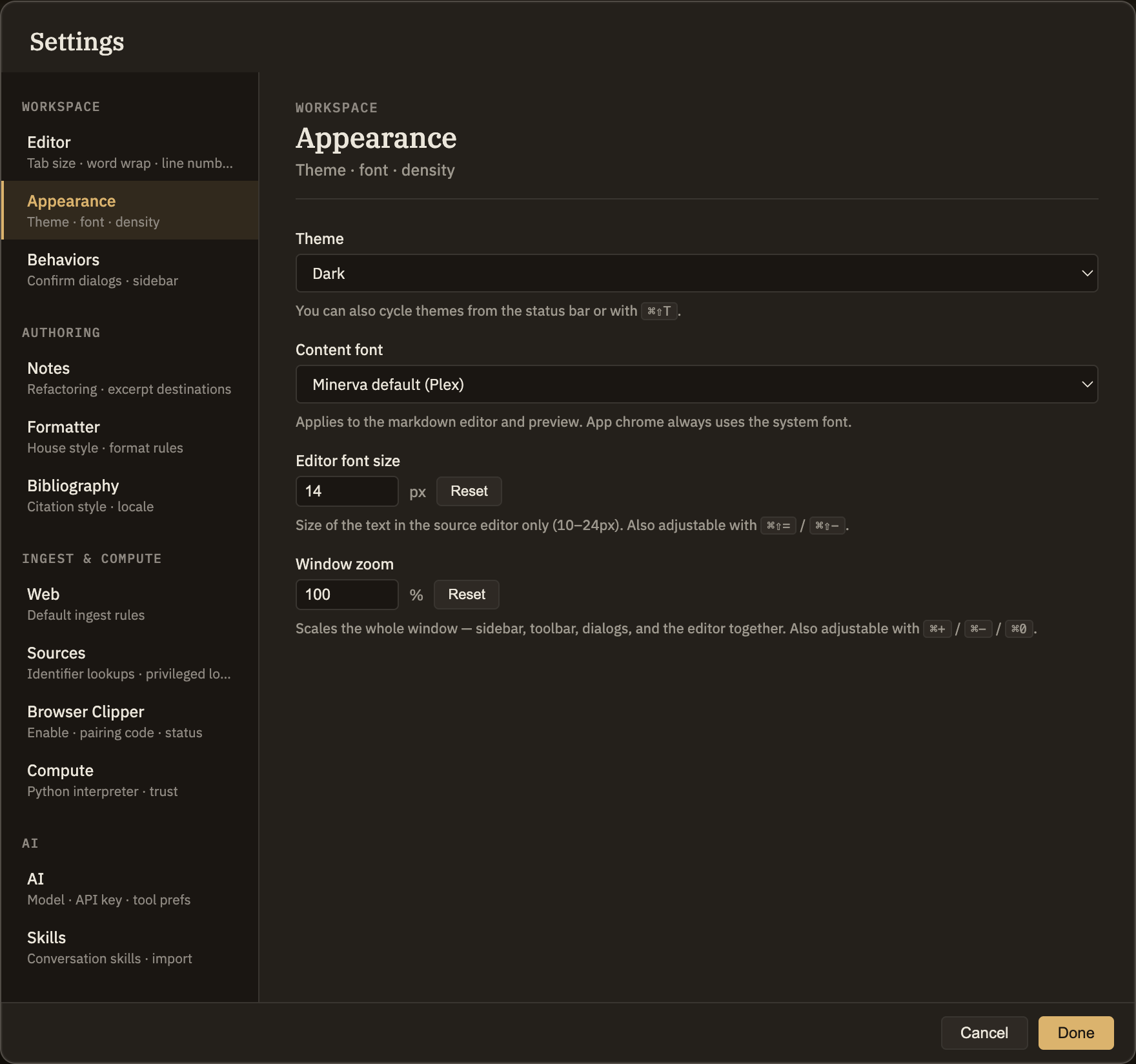 The Appearance tab in Settings, with the Theme menu open on its four choices: Dark, Light, High Contrast, and System.