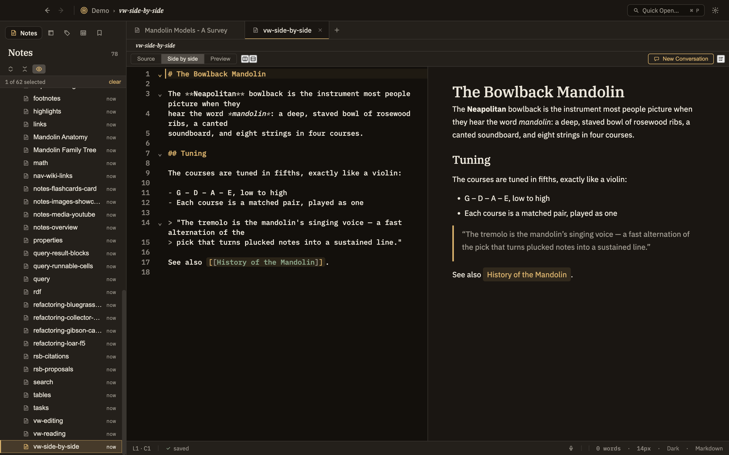 A note in Side by side mode: your text on the left and the same content formatted on the right, split by a thin divider. Above the note, the Source / Side by side / Preview buttons show Side by side as the active choice.