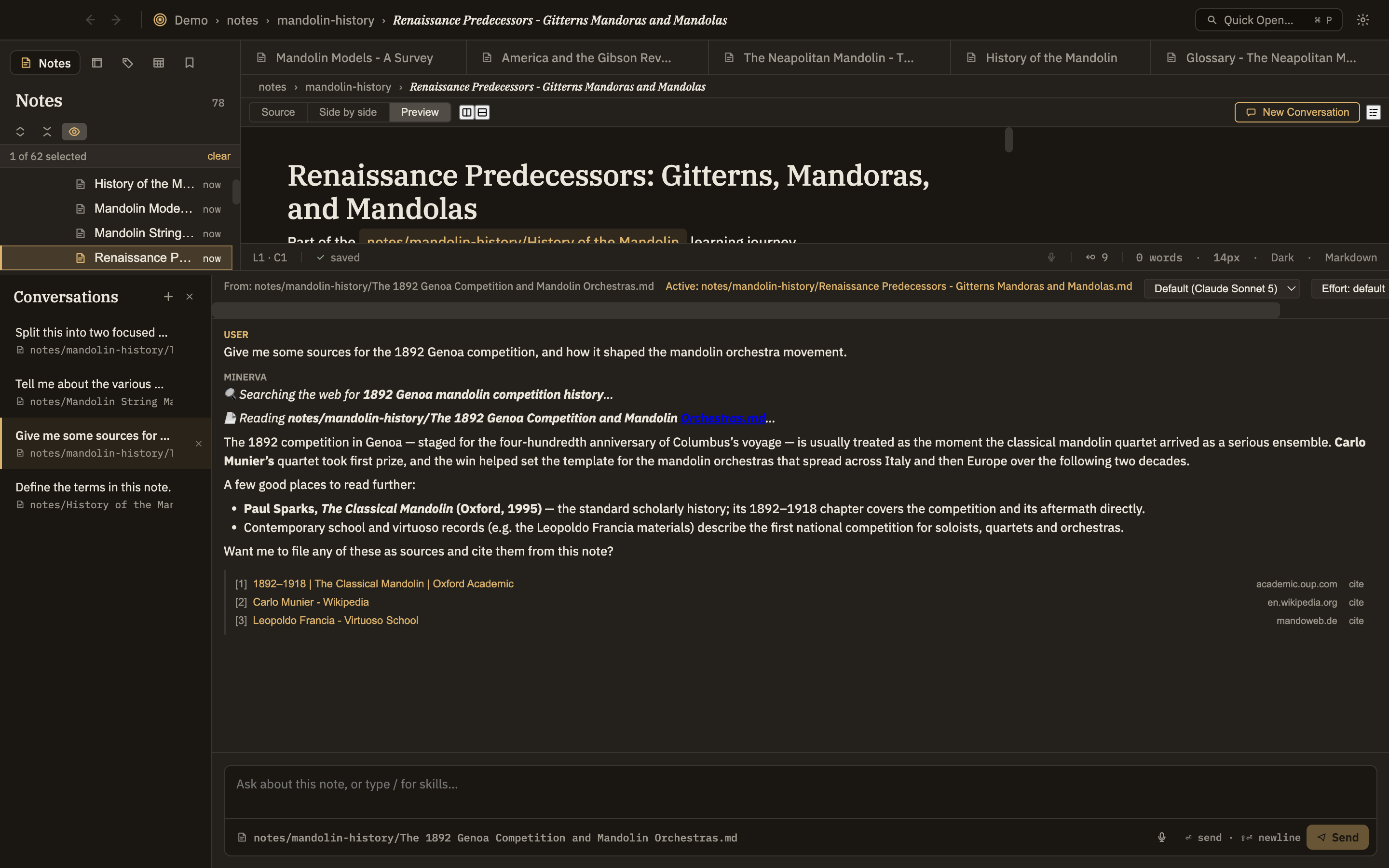 The AI in conversation surfacing an insight from the thoughtbase — an answer with citations linking back to the specific notes it drew on. (Optionally, the SPARQL query panel tucked alongside to show direct querying.)