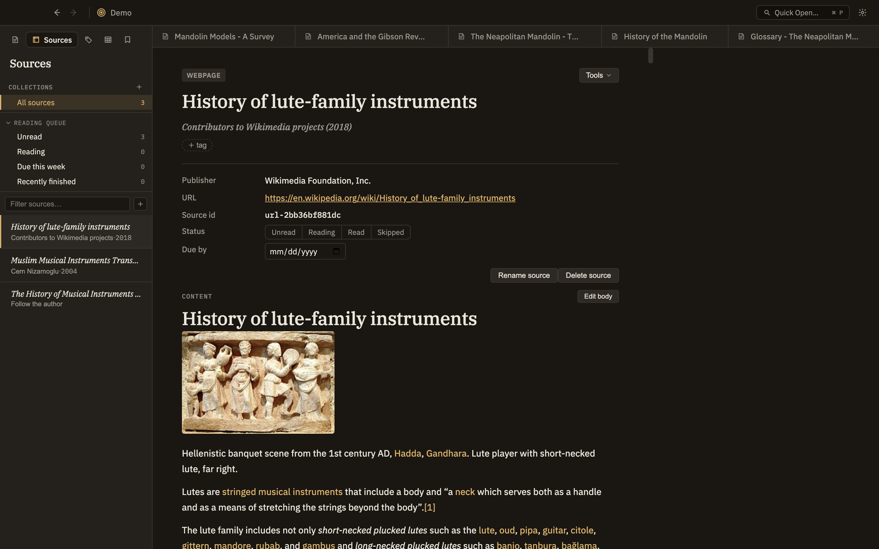 The browser clipper popup on a webpage on one side; the imported source's viewer in Minerva with an anchored excerpt on the other.