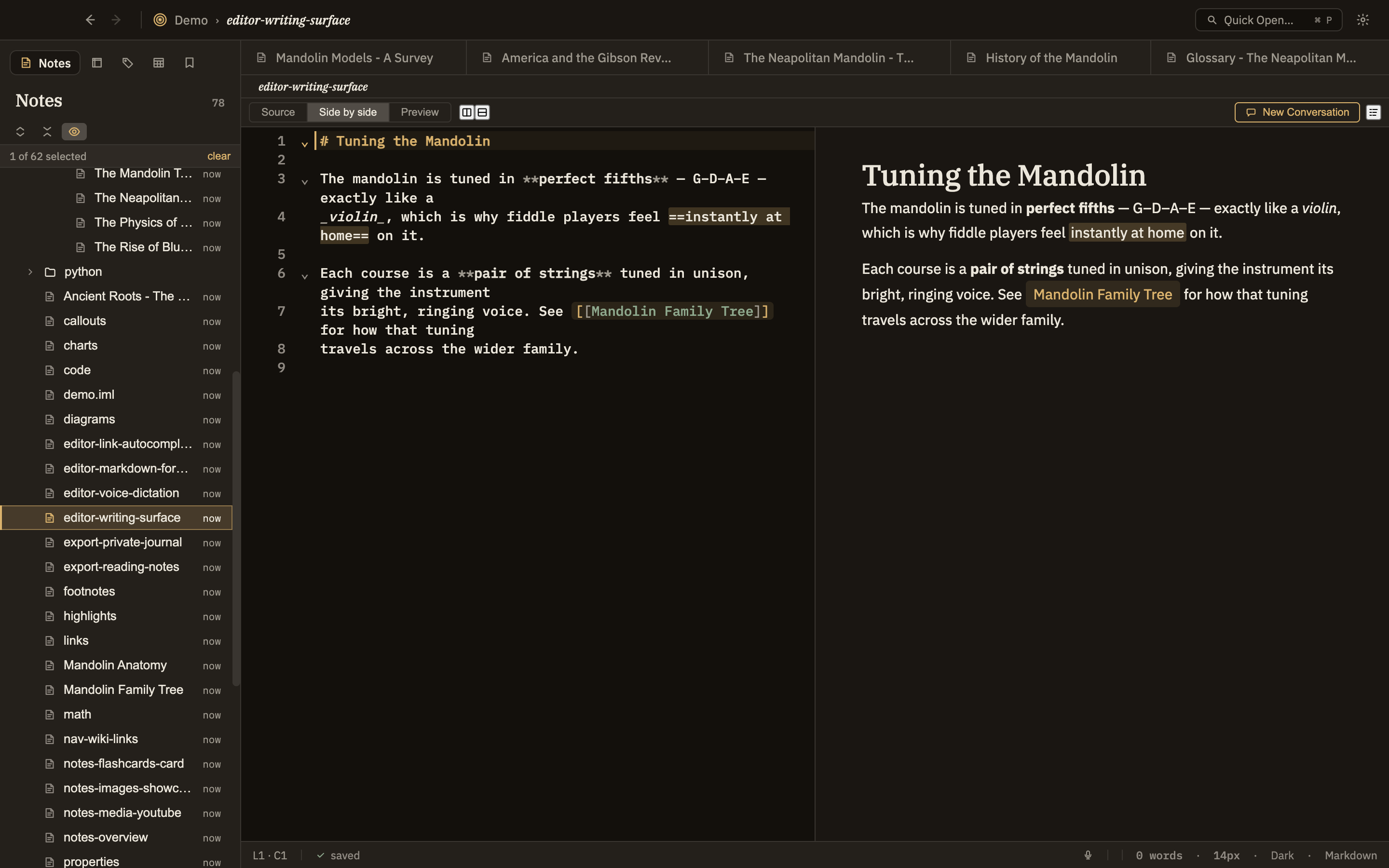 A note in split mode showing wiki-links, a callout, a KaTeX equation, and a live Vega-Lite chart rendering in the preview pane.
