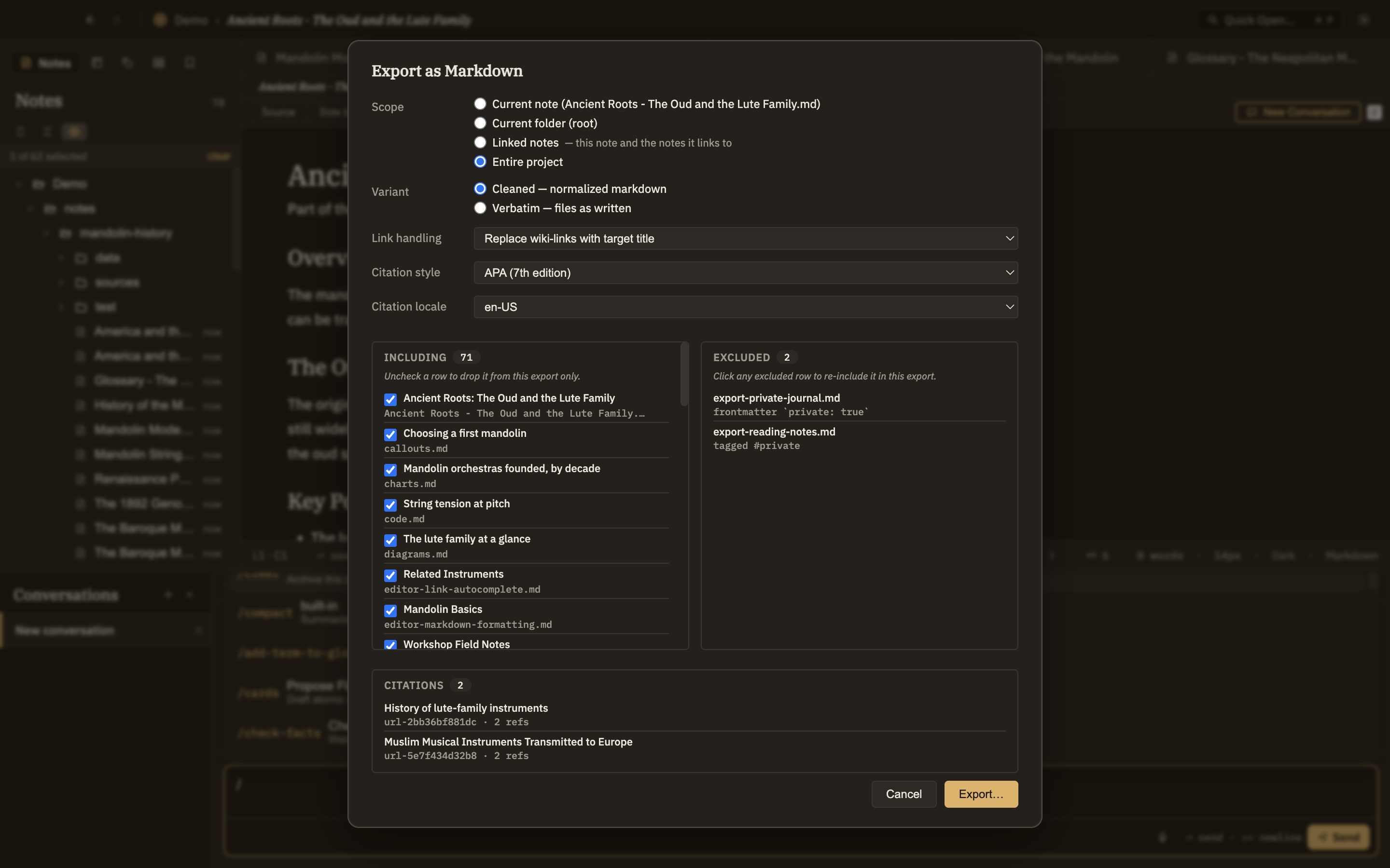 The format-first Export menu open, showing the export families; optionally a published static-site page rendered in a browser.