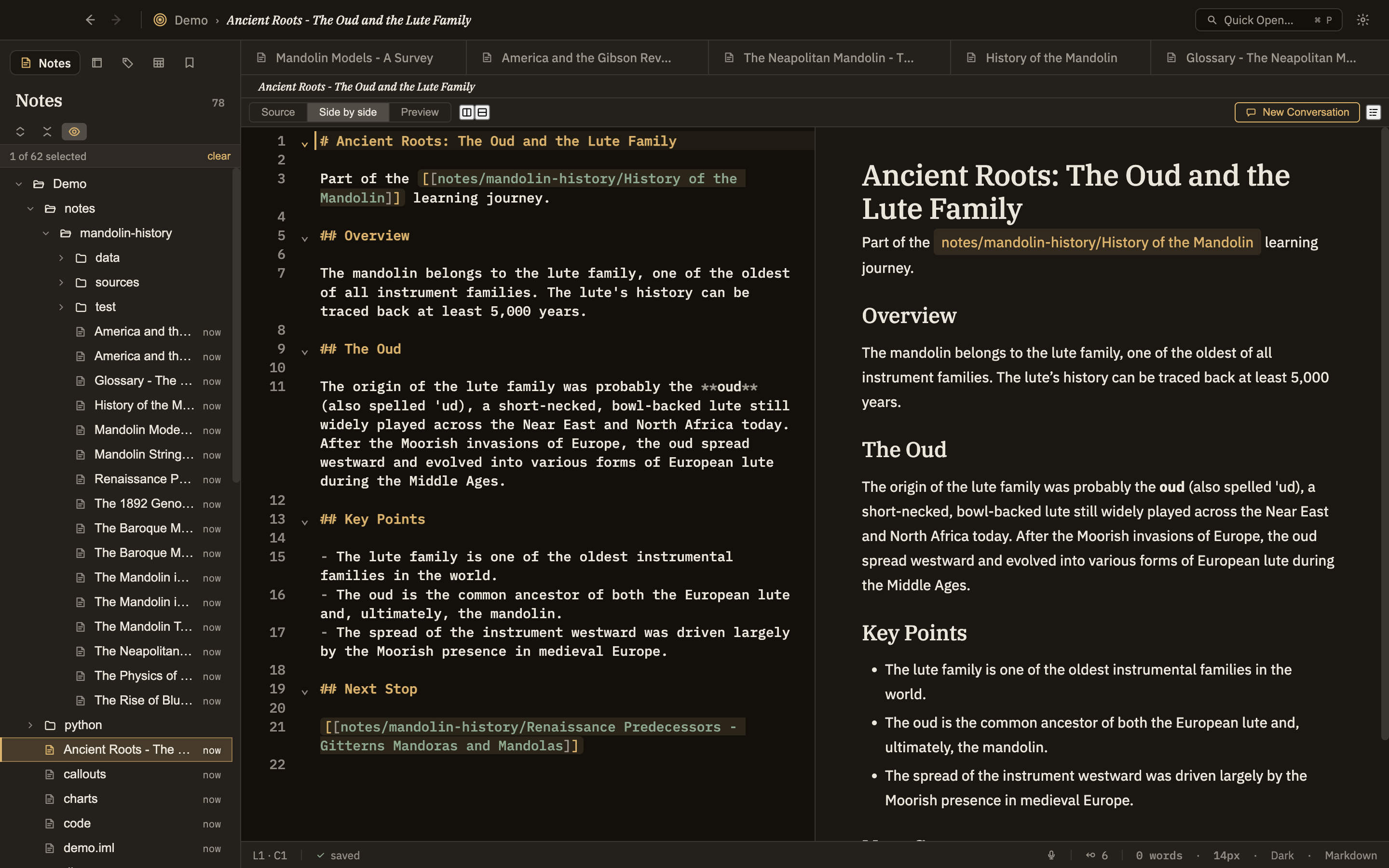 The app in its best light: a thoughtbase open, a note in split view, the AI proposing a change in the review panel. Dark theme. This is the single most important image on the site — it should make someone think "I want to be in that window."