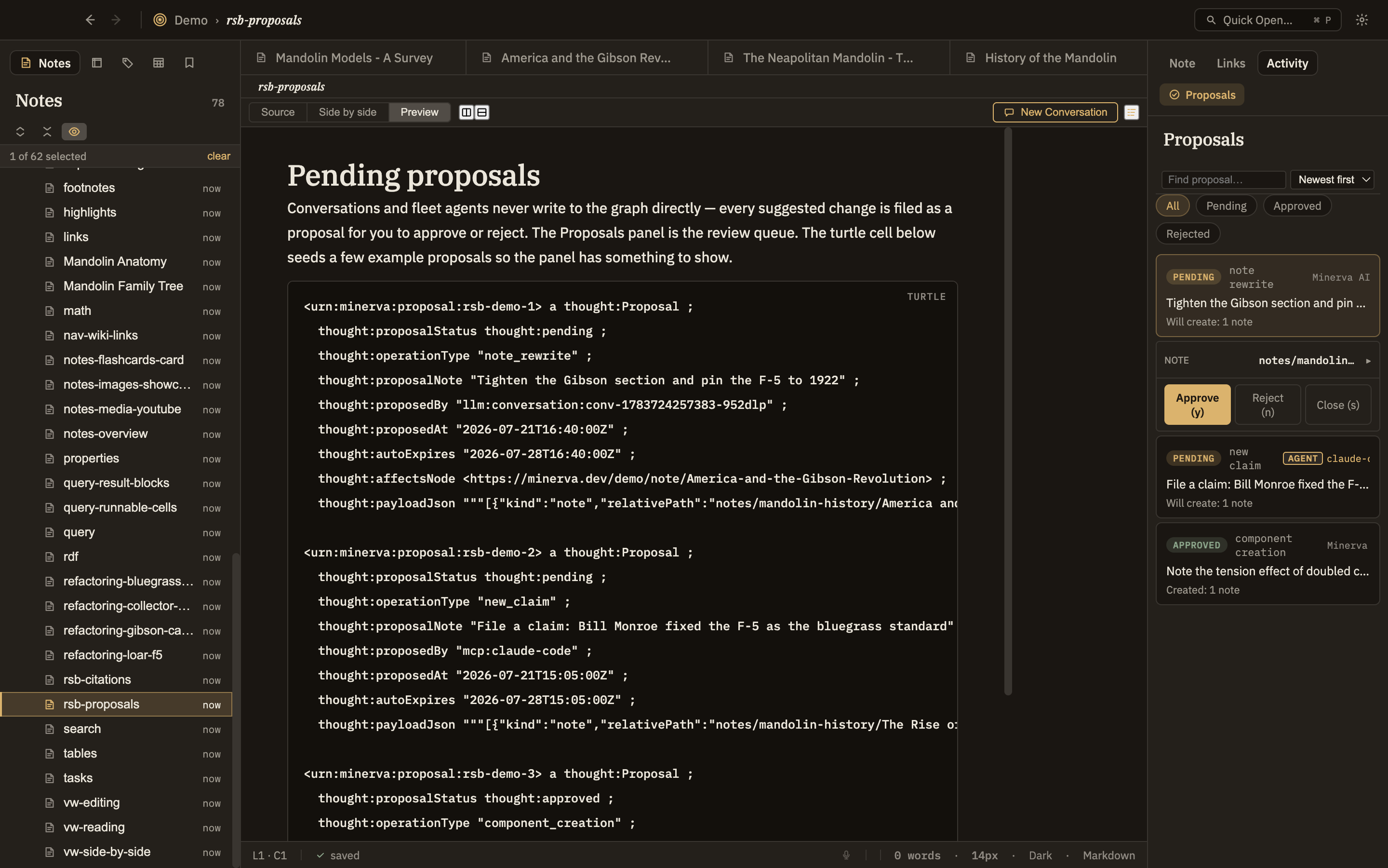 The side-by-side proposal review: a pending AI suggestion with approve / reject, so the "you decide" principle is visible, not just claimed.