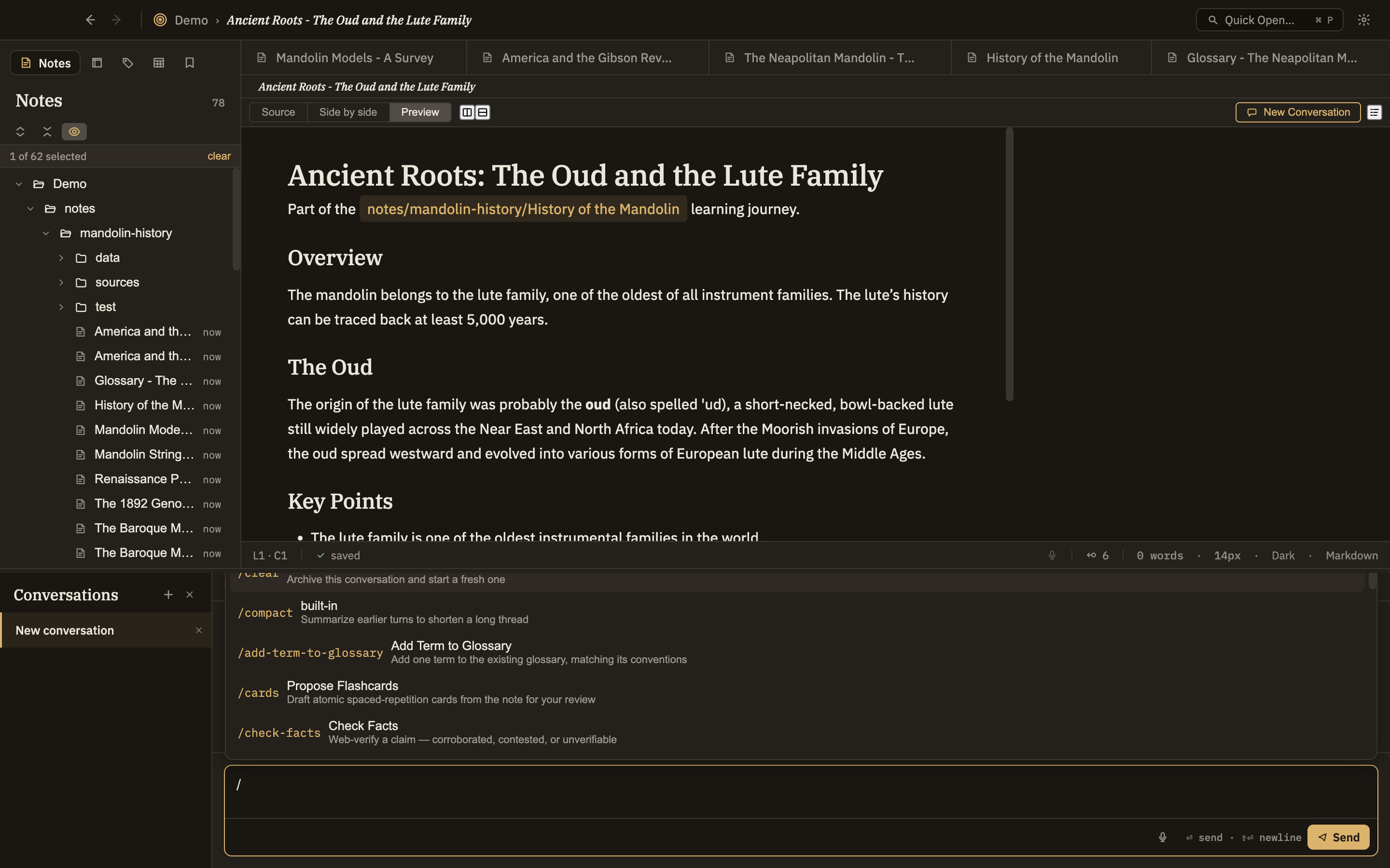 One of the menus (Analysis) open, showing grouped skills; or the conversation panel mid-run with a skill result streaming in.