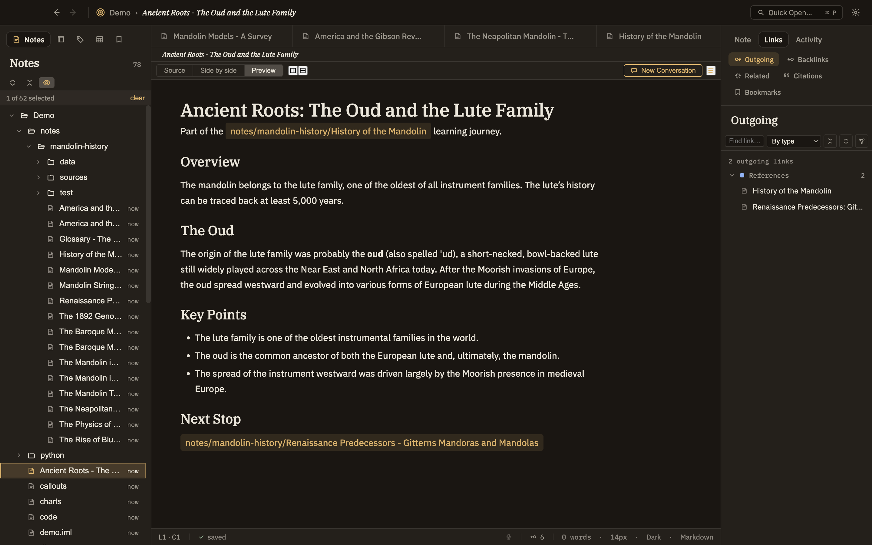 A mature thoughtbase: many notes, dense links, and the AI answering a question with citations pointing back into that web. The image should convey <em>accumulated knowledge being used</em>, not an empty starter file.
